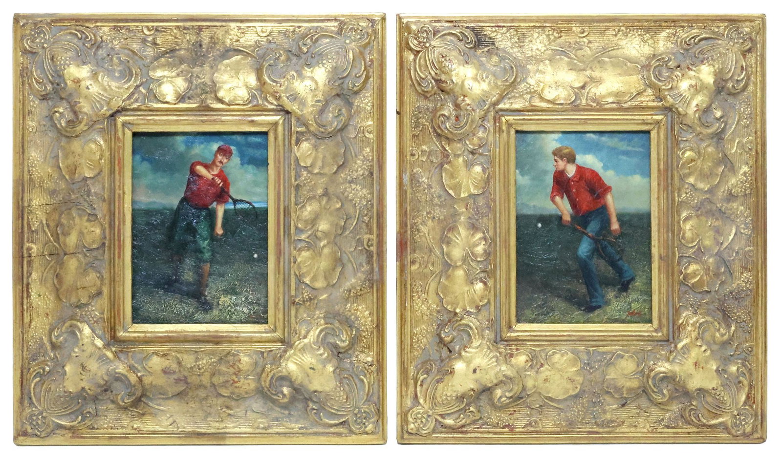 (2) CHARLES ALBERT TULLEY (ENGLISH, 20TH C.) PAINTINGS, TENNIS PLAYERS: (lot of 2) Framed English School oil on board paintings, Historic Tennis Players, each signed lower right Tulley (Charles Albert Tulley, English, 20th c.), each sight: approx 6.5"h, 4.5"w, overall: ap