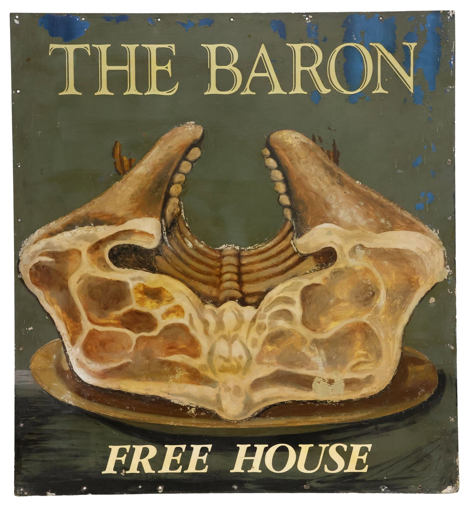 ENGLISH 'THE BARON' PAINTED METAL PUB SIGN: Decorative English painted wood and metal pub advertising sign, The Baron, with ribs on plate against green background, approx 29"h, 36"w **Note: one of a pair offered in this auction** **PLEASE NOTE: