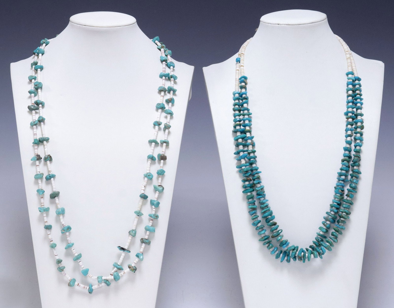 (2) NATIVE AMERICAN TURQUOISE & SHELL HEISHI BEADED NECKLACES: (lot of 2) Native American beaded necklaces, each comprised of two strands of turquoise nuggets interspersed with shell heishi beads, including: (1) having graduated turquoise beads, on a tied cord, a