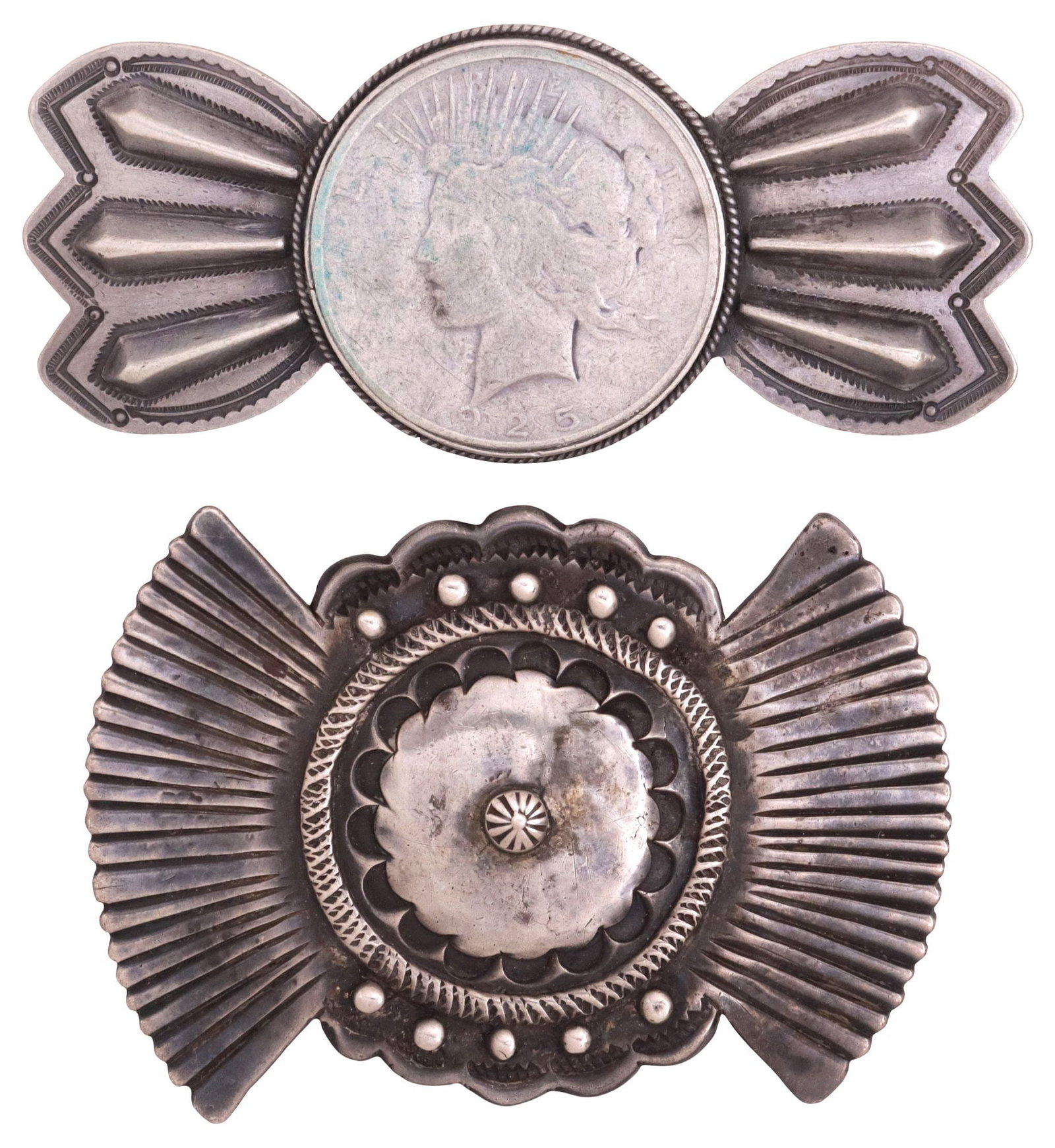 (2) NATIVE AMERICAN SILVER BOWTIE-FORM BUCKLE & PEACE DOLLAR COIN BROOCH: (lot of 2) Native American silver (content unknown) jewelry, including: (1) buckle, shaped plaque with fanned terminals and scalloped border, stampwork trim and beaded accents, approx 3 1/8"l, 1 1/8"w