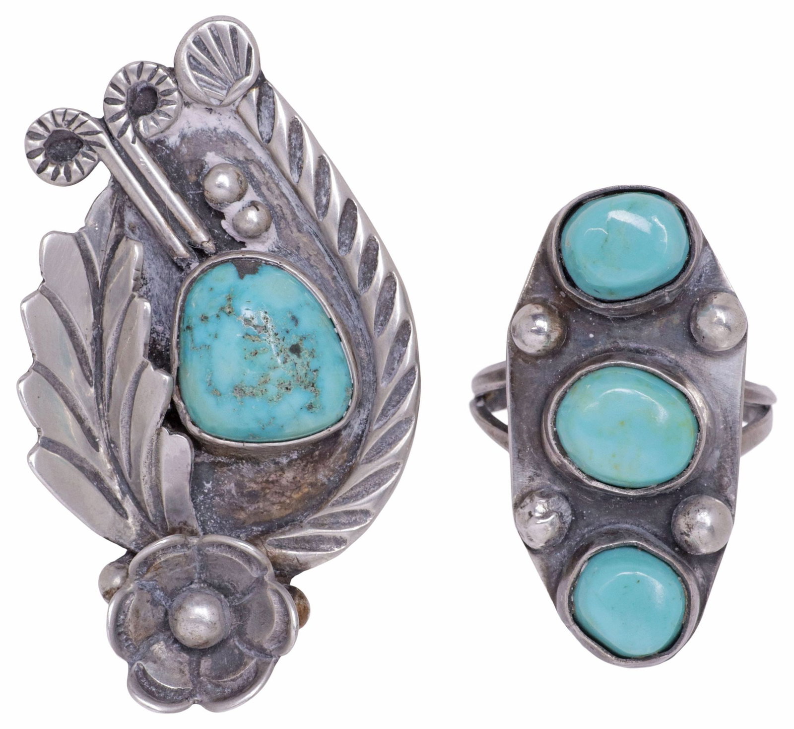 (2) NATIVE AMERICAN & SOUTHWEST SILVER & TURQUOISE RINGS: (lot of 2) Native American and Southwest silver (content unknown) and turquoise rings, on split shank bands, including; (1) bezel-set turquoise stone with floral and folate accents, stamped Fred.G on 