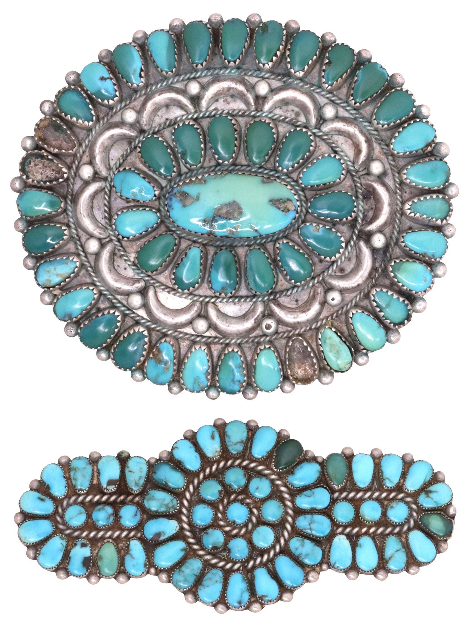 (2) NATIVE AMERICAN SILVER & PETIT POINT TURQUOISE BROOCHES, 1 JOE & EUNICE WILSON: (lot of 2) Native American silver (content unknown) and petit-point turquoise brooches, each with twisted rope trim and silver beaded accents, including: (1) having shaped plaque, with (fifty-three) b