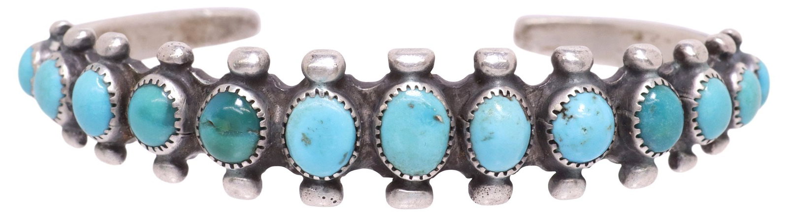 LOLITA BIZARDI (ARIZONA, B. 1938) NAVAJO SILVER & TURQUOISE SLIM CUFF BRACELET: (lot of 2) Native American silver and turquoise cuff bracelet, Lolita Bizardie, (Pinion, Arizona, 1938-2004), (thirteen) bezel-set turquoise cabochons of graduated size, on a slim cuff, bordered by be