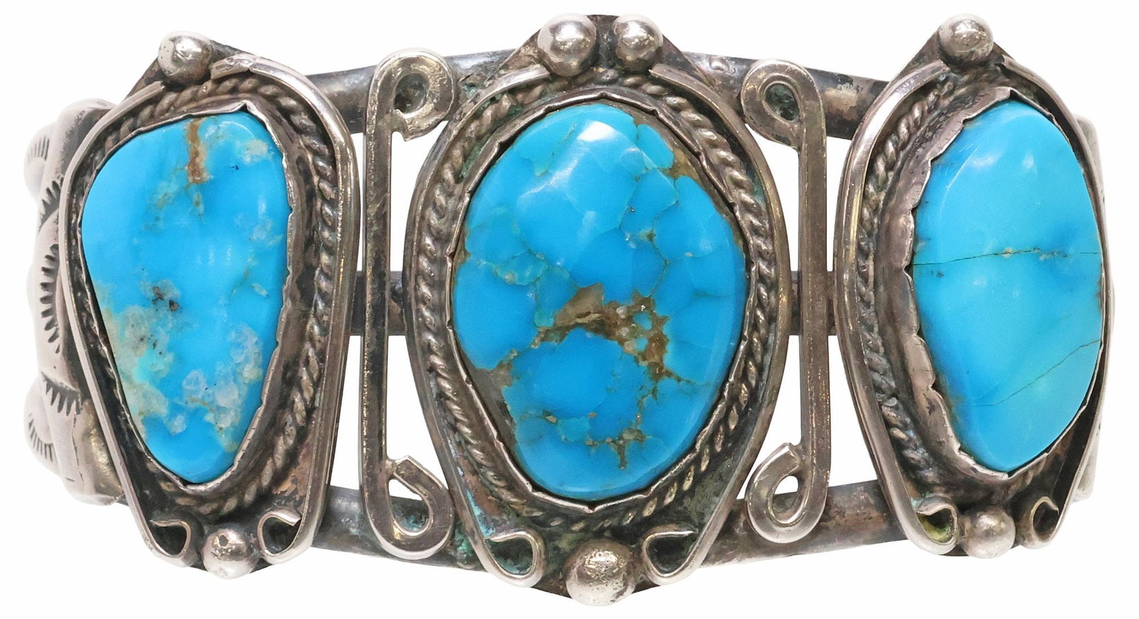 NATIVE AMERICAN SILVER & TURQUOISE CABOCHON CUFF BRACELET: Native American silver (content unknown) cuff bracelet, three bezel-set turquoise cabochons with twisted rope trim, with scroll and bead accents, on split shank, unmarked, one end stone intact with ha