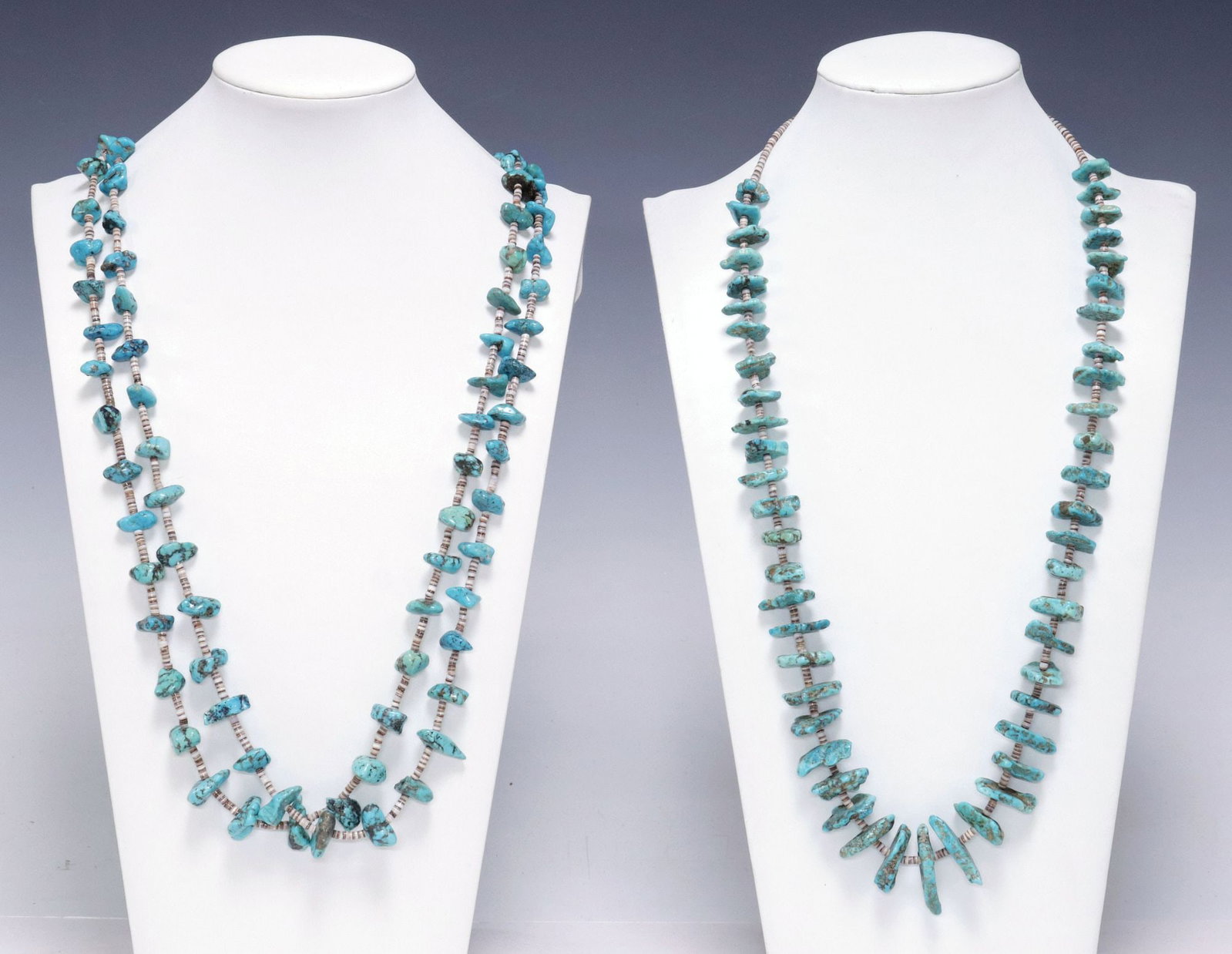 (2) NATIVE AMERICAN TURQUOISE & SHELL HEISHI BEADED NECKLACES: (lot of 2) Native American beaded necklaces, each having turquoise stones interspersed with shell heishi beads, including: (1) having graduated turquoise beads, on knotted cord, 26"l; (1) double-stran