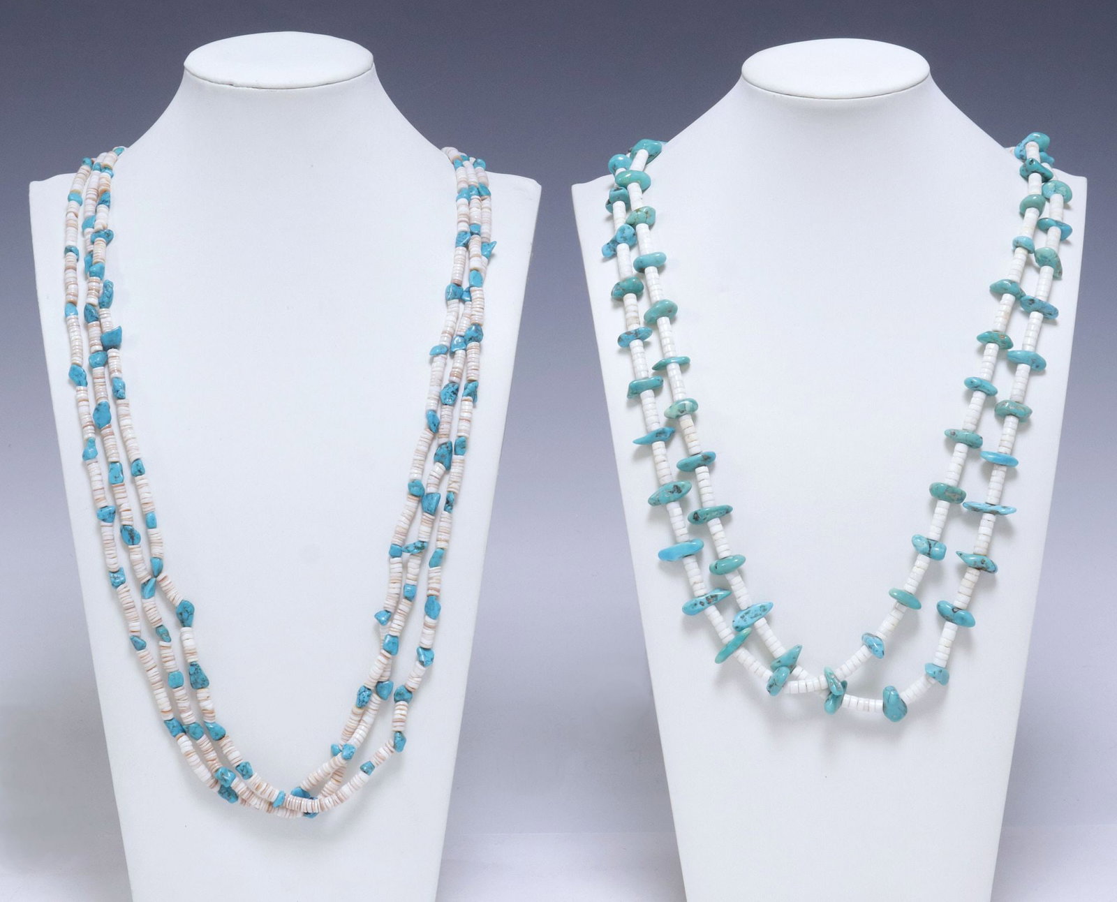 (2) NATIVE AMERICAN MULTI-STRAND TURQUOISE & SHELL HEISHI BEAD NECKLACES: (lot of 2) Native American multi-strand beaded necklaces, each with polished turquoise stones interspersed with shell heishi beads, including: (1) necklace with three strands, on tied cord, 35"l; (1) 