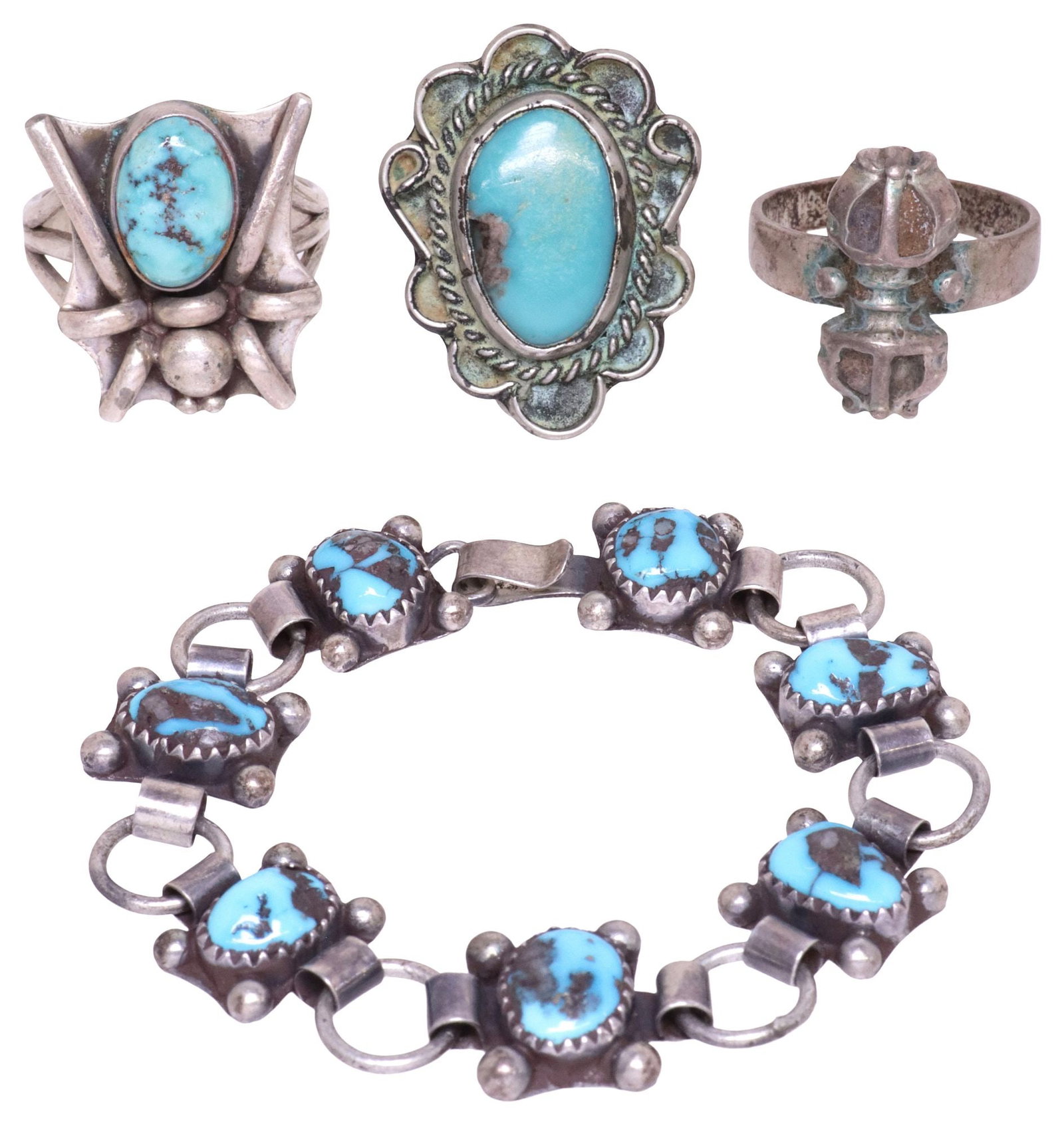 (4) NATIVE AMERICAN SILVER & TURQUOISE JEWELRY, RINGS & LINK BRACELET: (lot of 4) Native American silver (content unknown) and turquoise jewelry, including: (3) rings, comprising (one) having spider-shaped plaque with oval turquoise cabochon, marked AB, approx size 8.25,