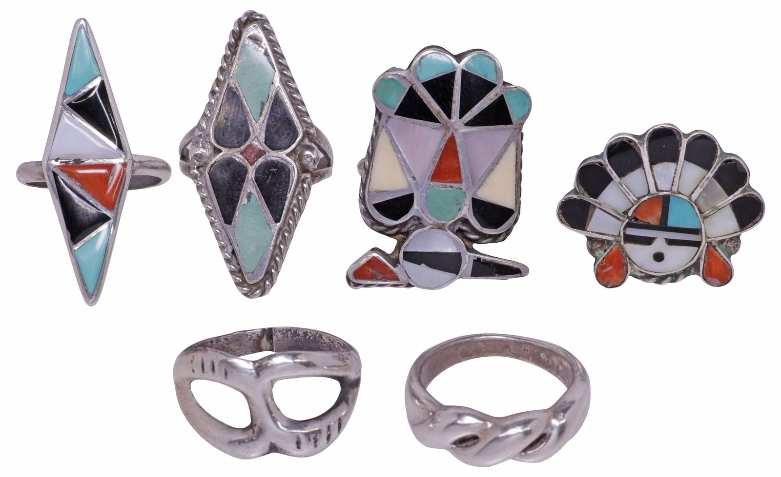 (6) NATIVE AMERICAN SILVER & OTHER RINGS, 1 SADIE & MORRIS LAAHTE: (lot of 6) Native American silver (content unknown) and other rings, many Zuni, varied designs, most unmarked, including: (4) with channel inlay, (one) Sadie and Morris Laahte (Zuni Pueblo, 20th c.), 