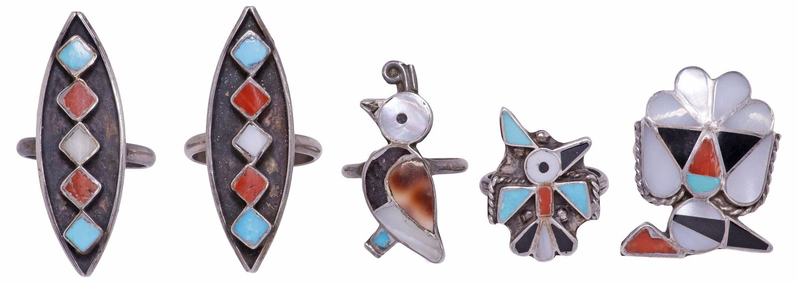 (5) NATIVE AMERICAN SILVER TURQUOISE, MOP, CORAL & JET INLAID RINGS: (lot of 5) Native American silver (content unknown) rings, Zuni, including: (1) shell and turquoise channel-inlaid plaque, in the form of a quail, size 5, plaque: approx 1"l, (2) with thunderbird plaq