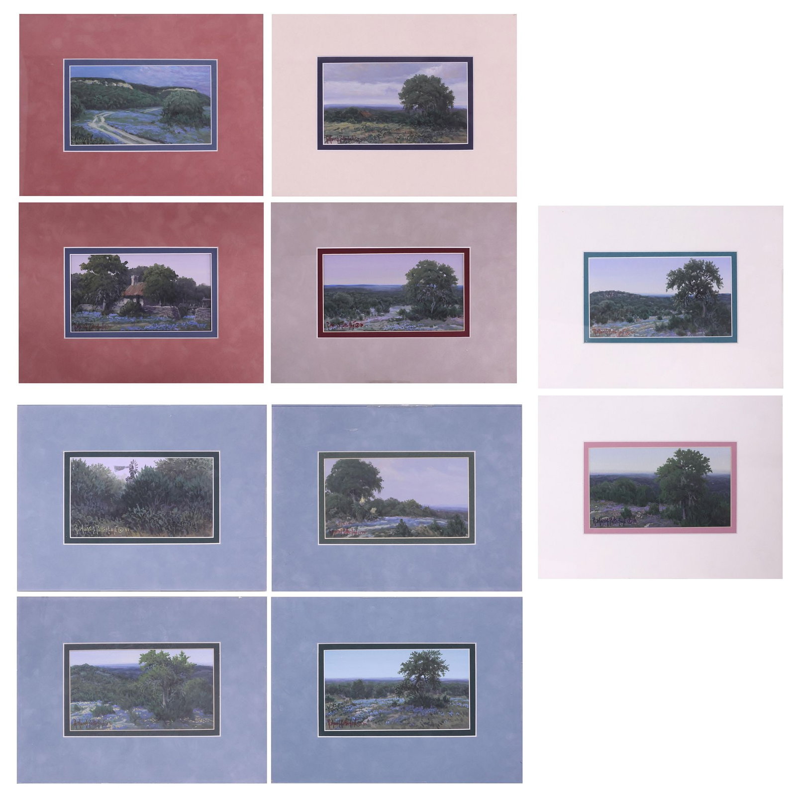 (10) RICK MORRIS PATTERSON (TX. B.1958) HILL COUNTRY LANDSCAPE PAINTINGS: (lot of 10) Unframed watercolor and gouache landscape paintings, Texas Hill Country, each signed by Richard 'Rick' Morris Patterson (Oregon, Texas, b. 1958), each mounted on art board, matted 