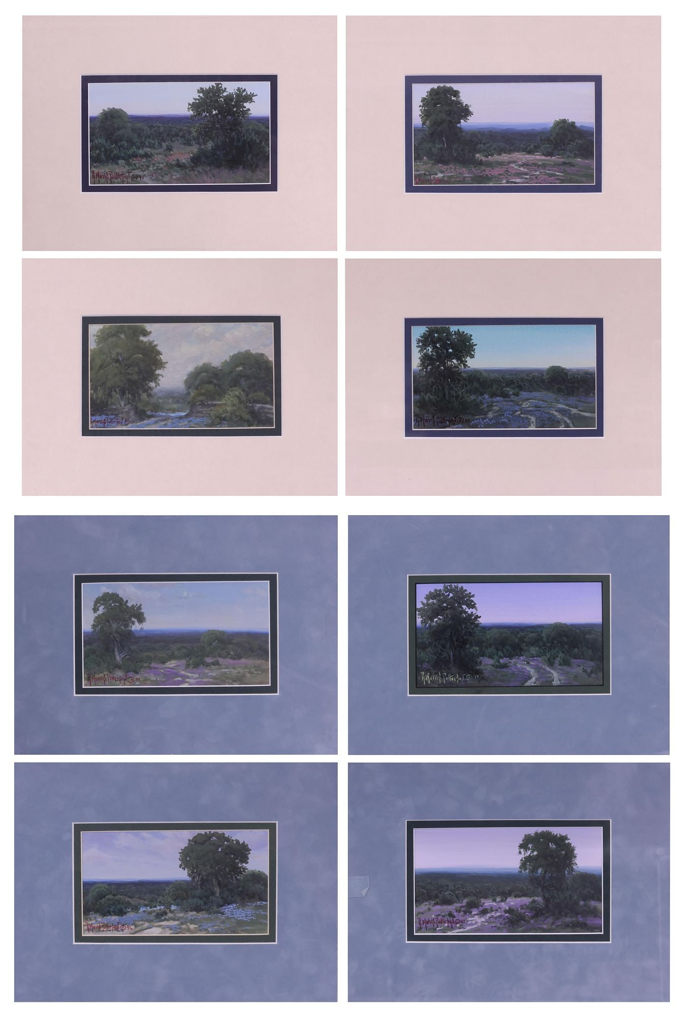 (8) RICK MORRIS PATTERSON (TX. B.1958) HILL COUNTRY LANDSCAPE PAINTINGS: (lot of 8) Unframed watercolor and gouache landscape paintings, Texas Hill Country, each signed by Richard 'Rick' Morris Patterson (Oregon, Texas, b. 1958), each mounted on art board, matted a