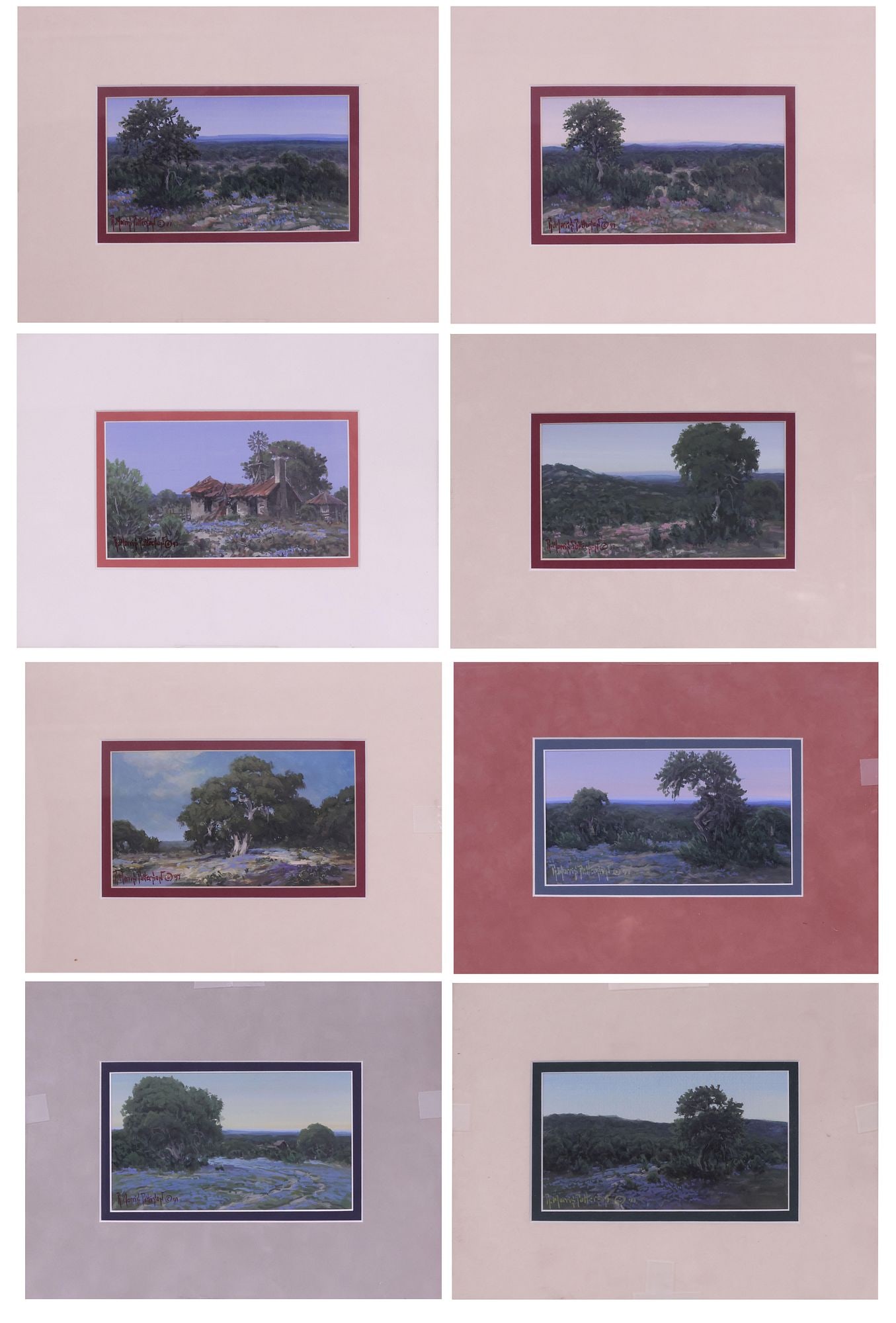 (8) RICK MORRIS PATTERSON (TX. B.1958) HILL COUNTRY LANDSCAPE PAINTINGS: (lot of 8) Unframed watercolor and gouache landscape paintings, Texas Hill Country, each signed by Richard 'Rick' Morris Patterson (Oregon, Texas, b. 1958), each mounted on art board, matted a