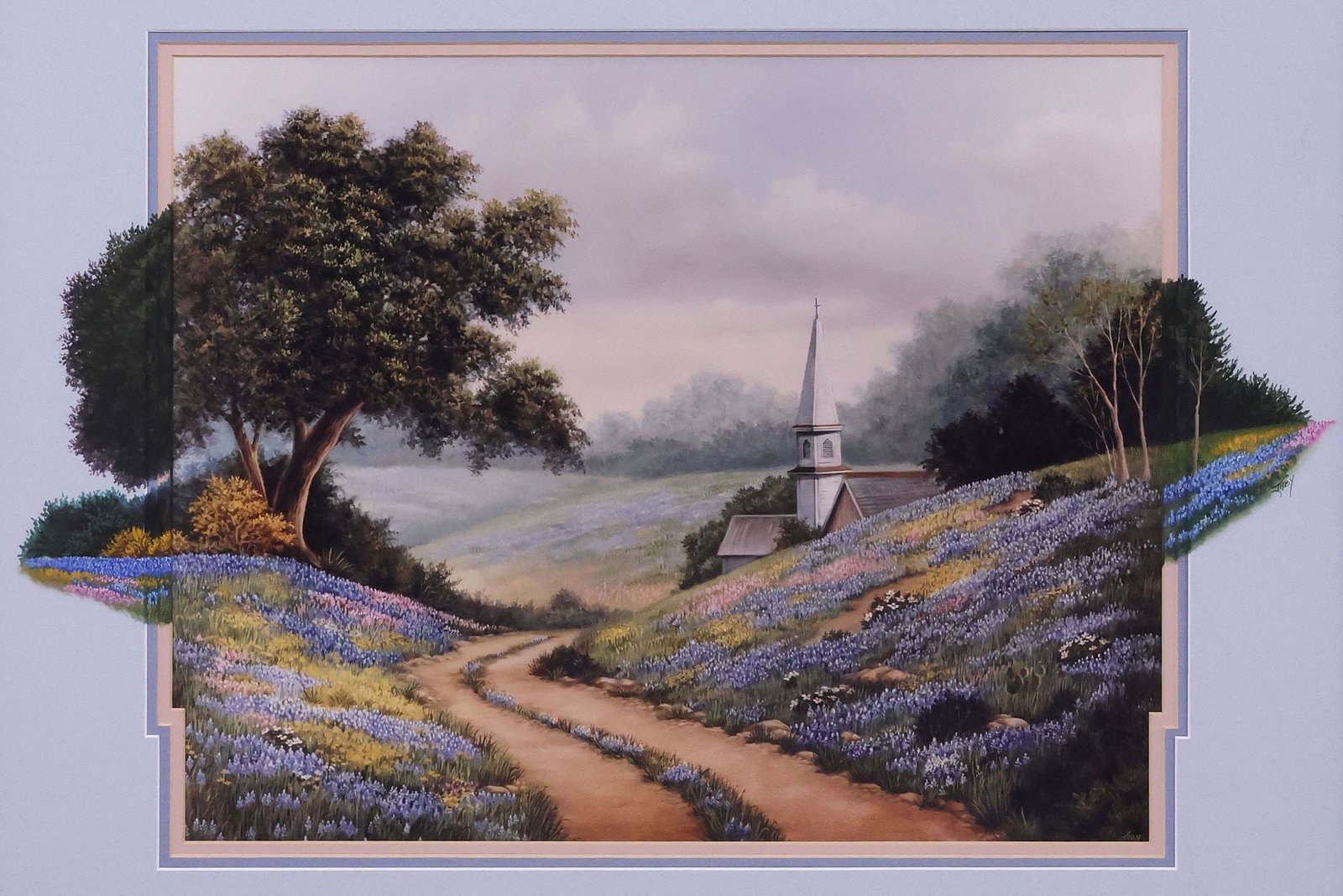 LOVITA IRBY (TEXAS, 1947-2021) EMBELLISHED PRINT, BLUEBONNETS LANDSCAPE: Framed giclee print with hand-painted embellishment on paper, Bluebonnets Landscape with Church Steeple, signed in painted margin at center right Irby (Lovita Irby, Dallas, Texas, 1947-2021), initiale