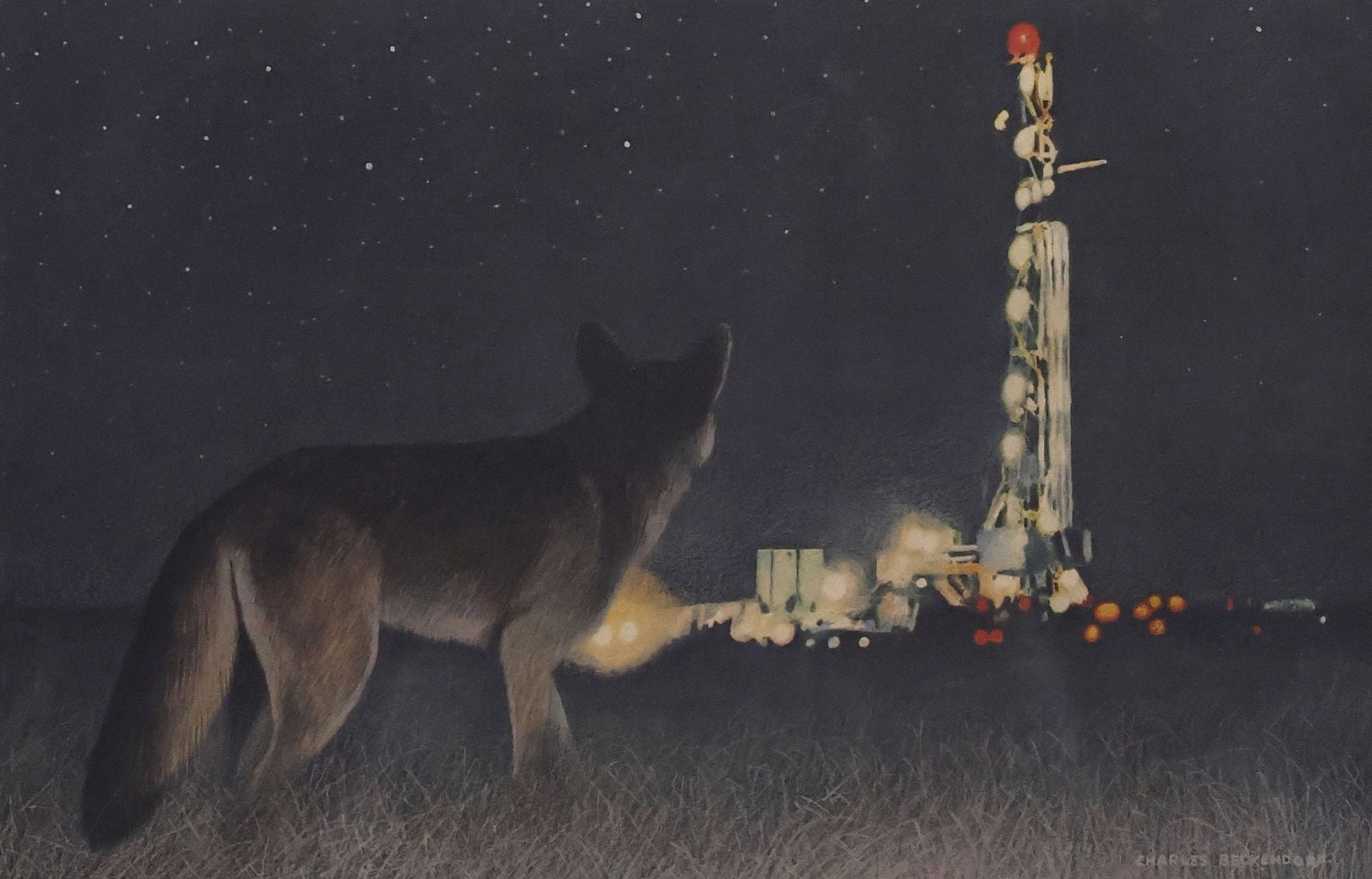 CHARLES BECKENDORF (TEXAS, 1930-1996) WILDLIFE PRINT, COYOTE IN THE NIGHT: Framed offset lithograph on paper, Coyote in the Night, pencil signed lower right Charles Beckendorf (Texas, 1930-1996), numbered 114/ 500, not examined out of frame, sight: approx 10.25"h, 15.5"w, ov