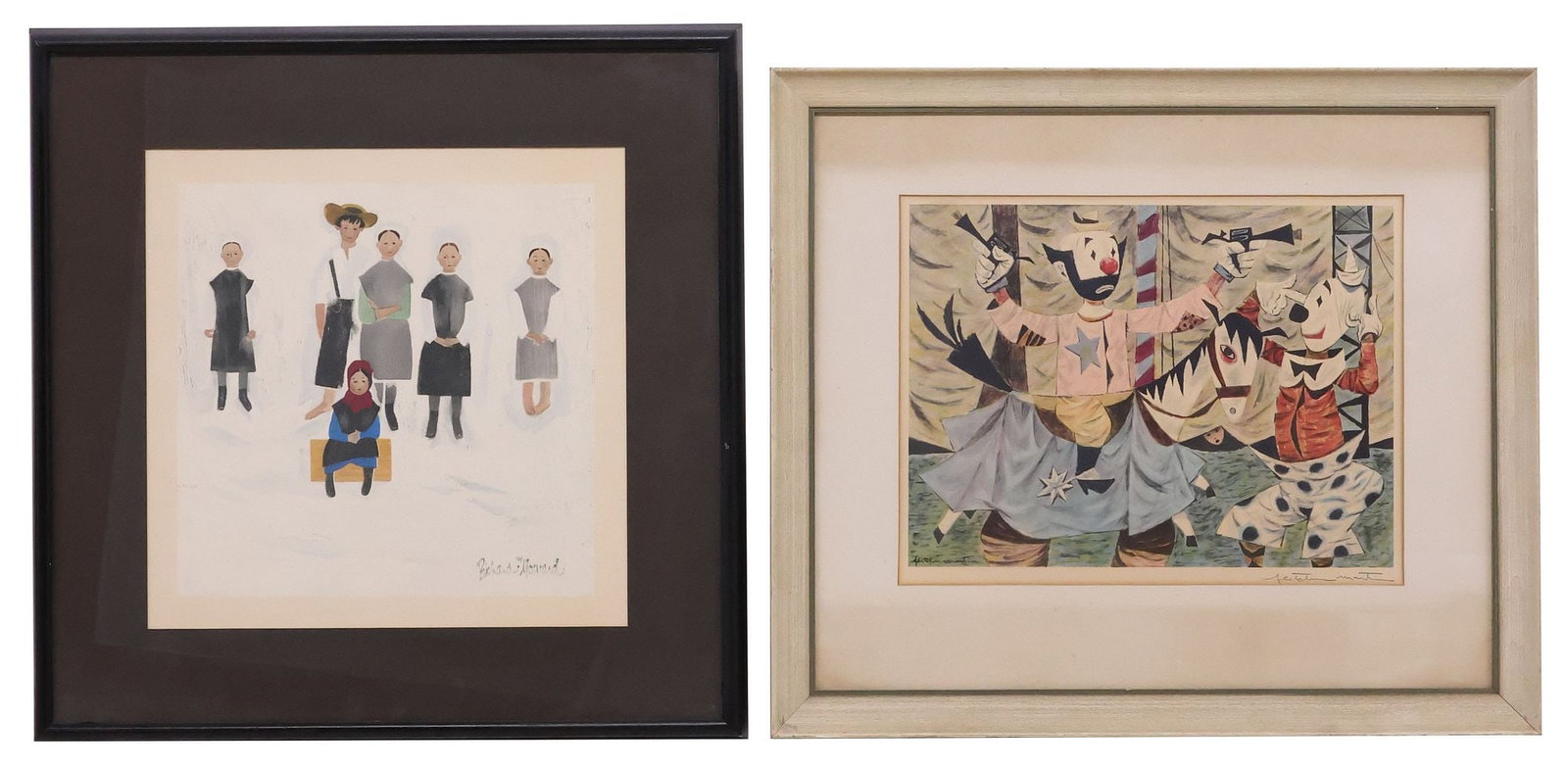(2) FLETCHER MARTIN (TX, D.1979) WILDLIFE PRINT & RICHARD HOWARD (D.1996) AMISH FAMILY: (lot of 2) Framed offset lithographs on paper, including: (1) Clown Act, pencil signed lower right Fletcher Martin (American, 1904-1979), signed in print lower left, toning to sheet, staining to mat a