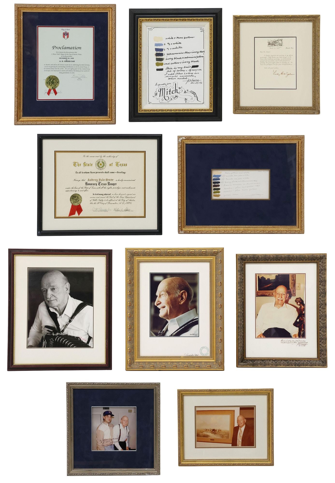 (10) A.D. GREER (TEXAS, D.1998) PHOTOGRAPHS, CERTIFICATES & EPHEMERA: (lot of 10) Framed photographs and documents relating to A.D. Greer (Aubrey Dale Greer, Texas, 1904-1998), including: (5) photographic prints, comprising (four) signed A.D. Greer, (two) with inscripti