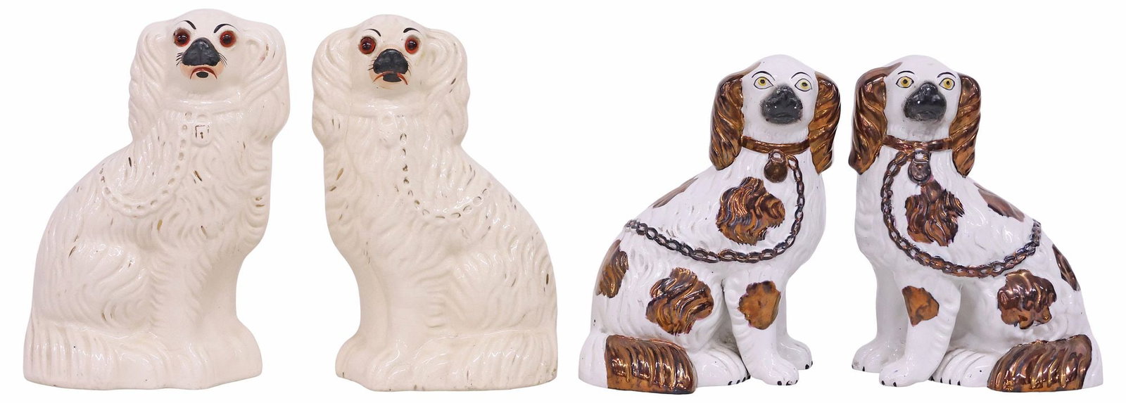 (4) ENGLISH VICTORIAN STAFFORDSHIRE MANTEL DOGS: (lot of 4) English Victorian Staffordshire mantel dogs, late 19th c., comprising two pairs, each modeled as a seated spaniel with painted features, including: (pair) with inset glass eyes, remnants of