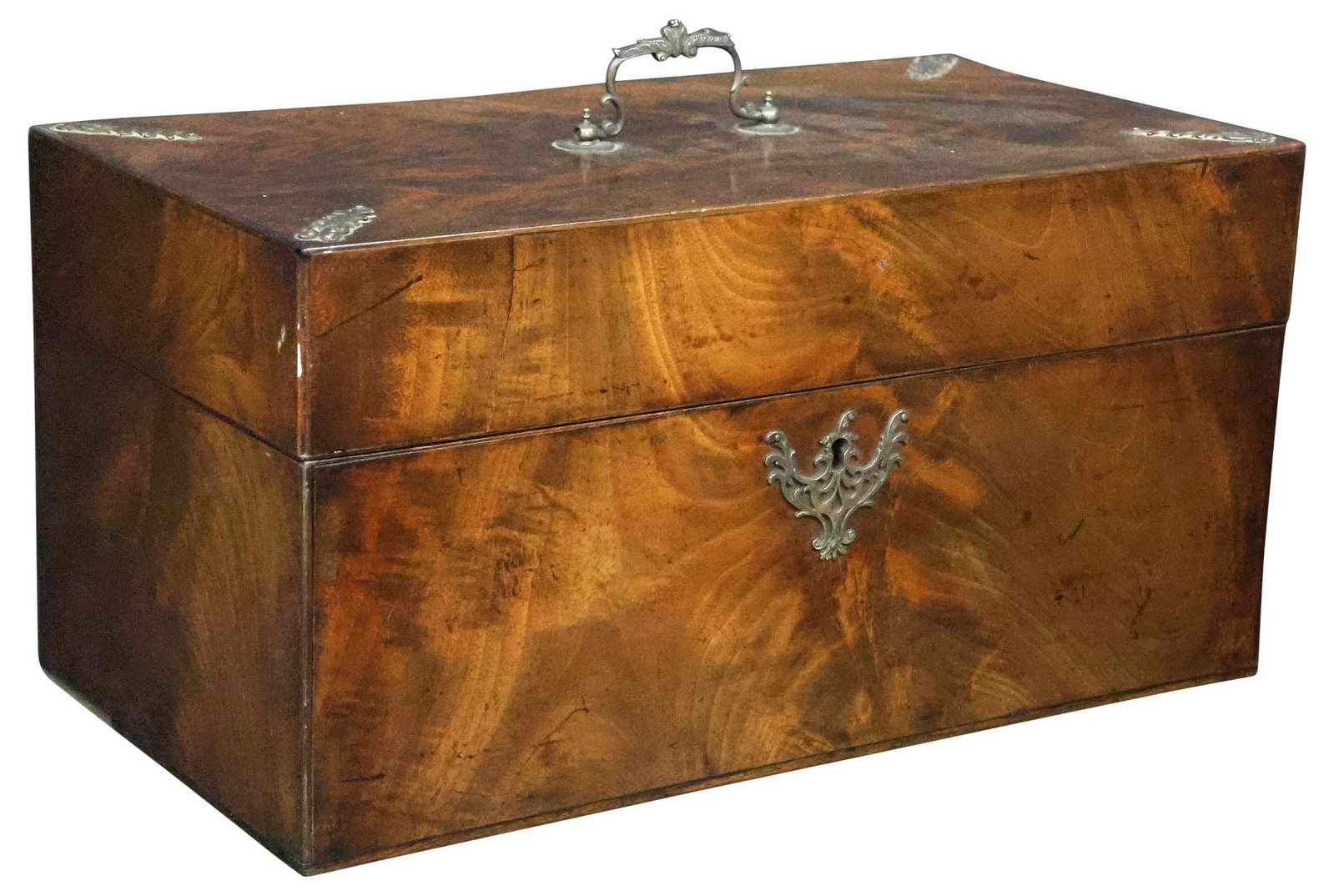 LARGE ENGLISH GEORGE III PERIOD FIGURED MAHOGANY TABLE BOX: Large English Georgian figured mahogany table box, late 18th c., hinged lid with silver-tone metal swing handle and palmette mounts, revealing open interior storage, front edge of lid with glue restor