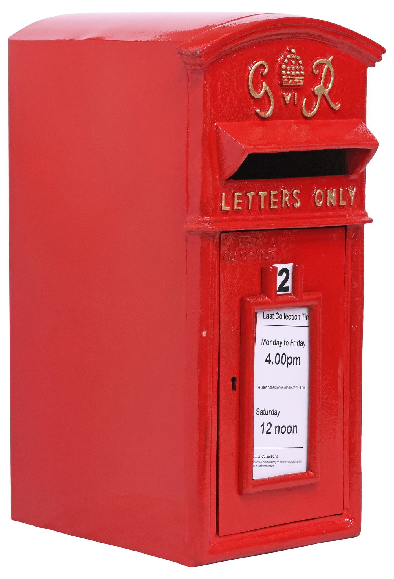 DECORATIVE ENGLISH RED METAL POST / MAILBOX WITH GEORGE VI ROYAL CYPHER: British metal post/ letter box, 21st c., after the original Carron Company model, painted red with parcel-gilt accents, George VI Royal Cypher emblem at front face, approx 23"h, 11"w, 14"d, 39lbs