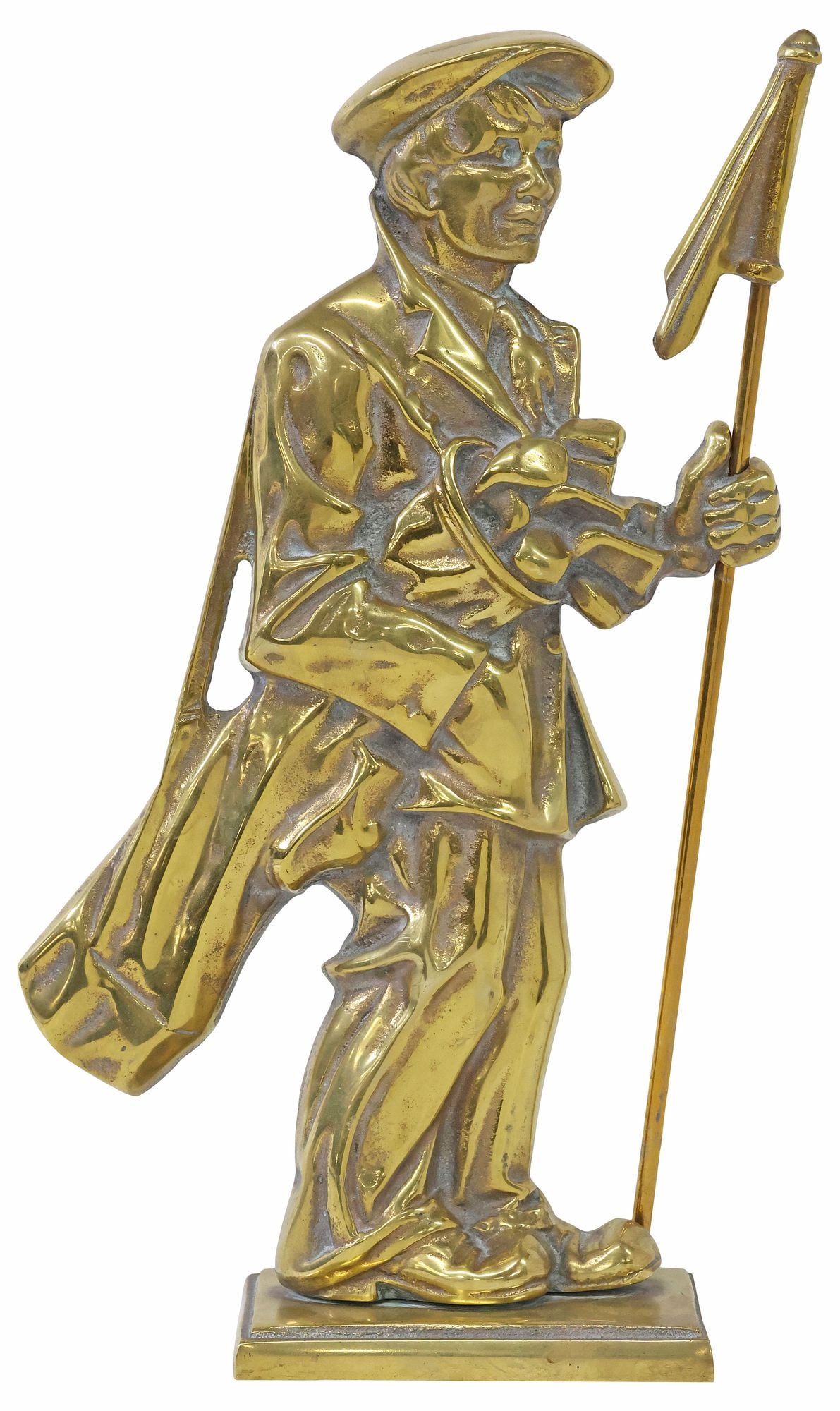 ENGLISH FIGURAL BRASS GOLF CADDY DOOR PORTER / STOP: English brass door porter, early 20th c., modeled as a golf caddy, holding clubs and hoisting a flag, rising on rectangular base, approx 15"h, 8"w, 3.25"d, 6.75lbs