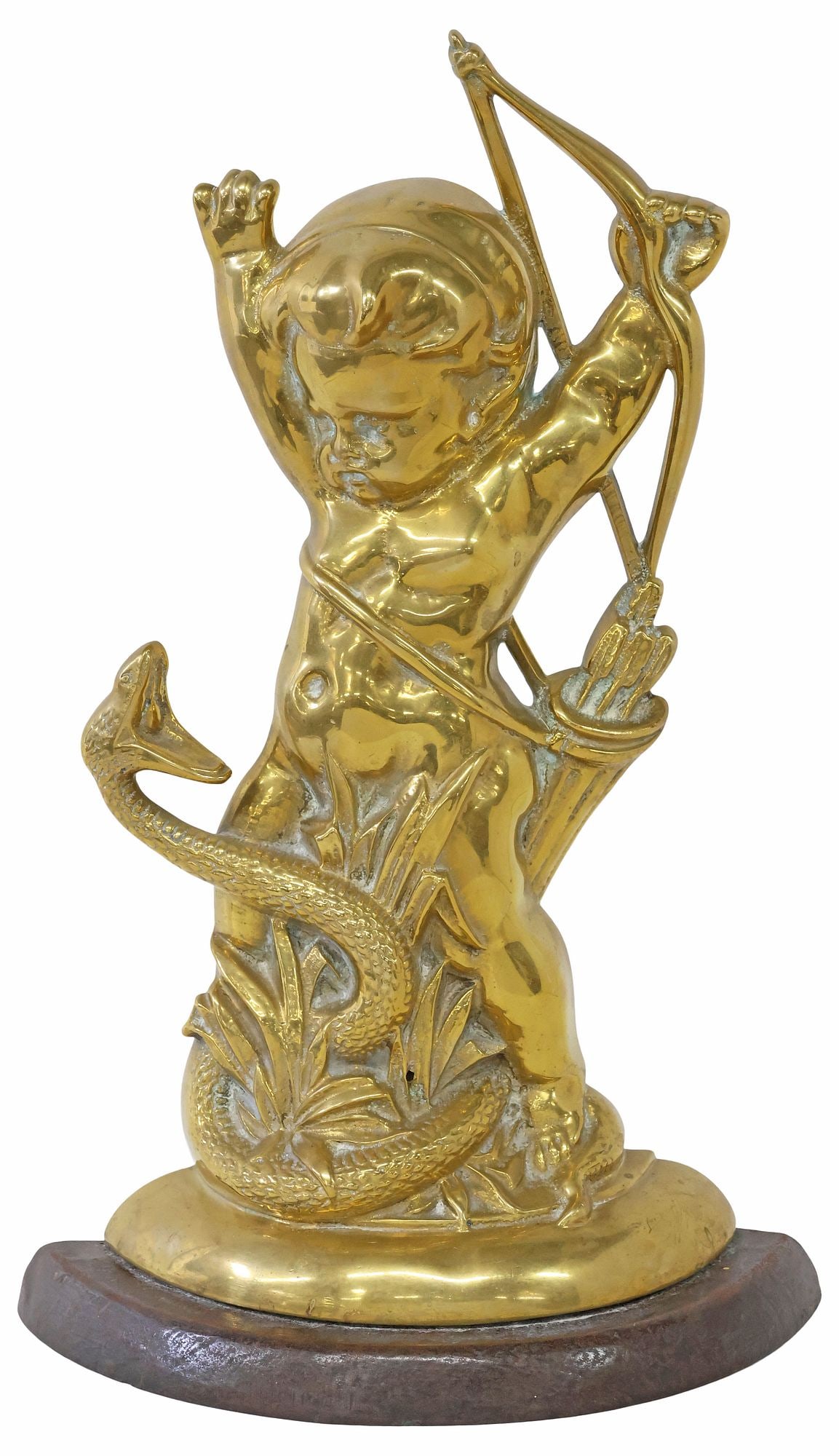 ENGLISH BRASS & CAST IRON FIGURAL CUPID DOOR PORTER / STOP: English brass and cast iron door porter, early 20th c., modeled as cupid wielding a bow and facing a snake, rising on demilune cast iron base, numbered 530351 to reverse, approx 16.75"h, 10 1/8"w, 4.5