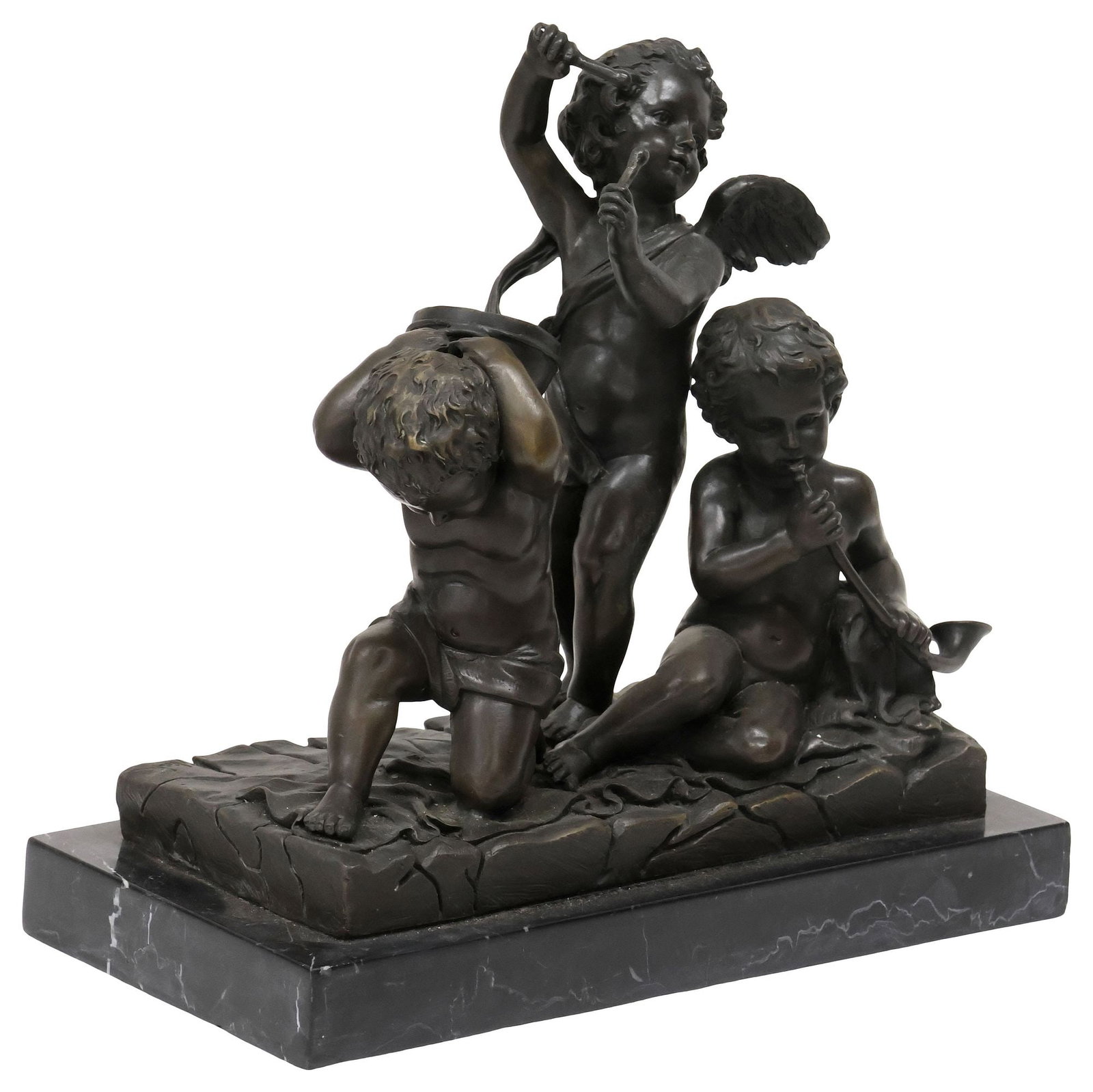 PATINATED BRONZE FIGURAL GROUP, THREE PUTTI MUSICIANS: Patinated bronze figural group, Three Putti Musicians, one figure holding a drum while the center figure raises drum sticks, seated figure playing a horn instrument, signed in cast Nick, rising on bla
