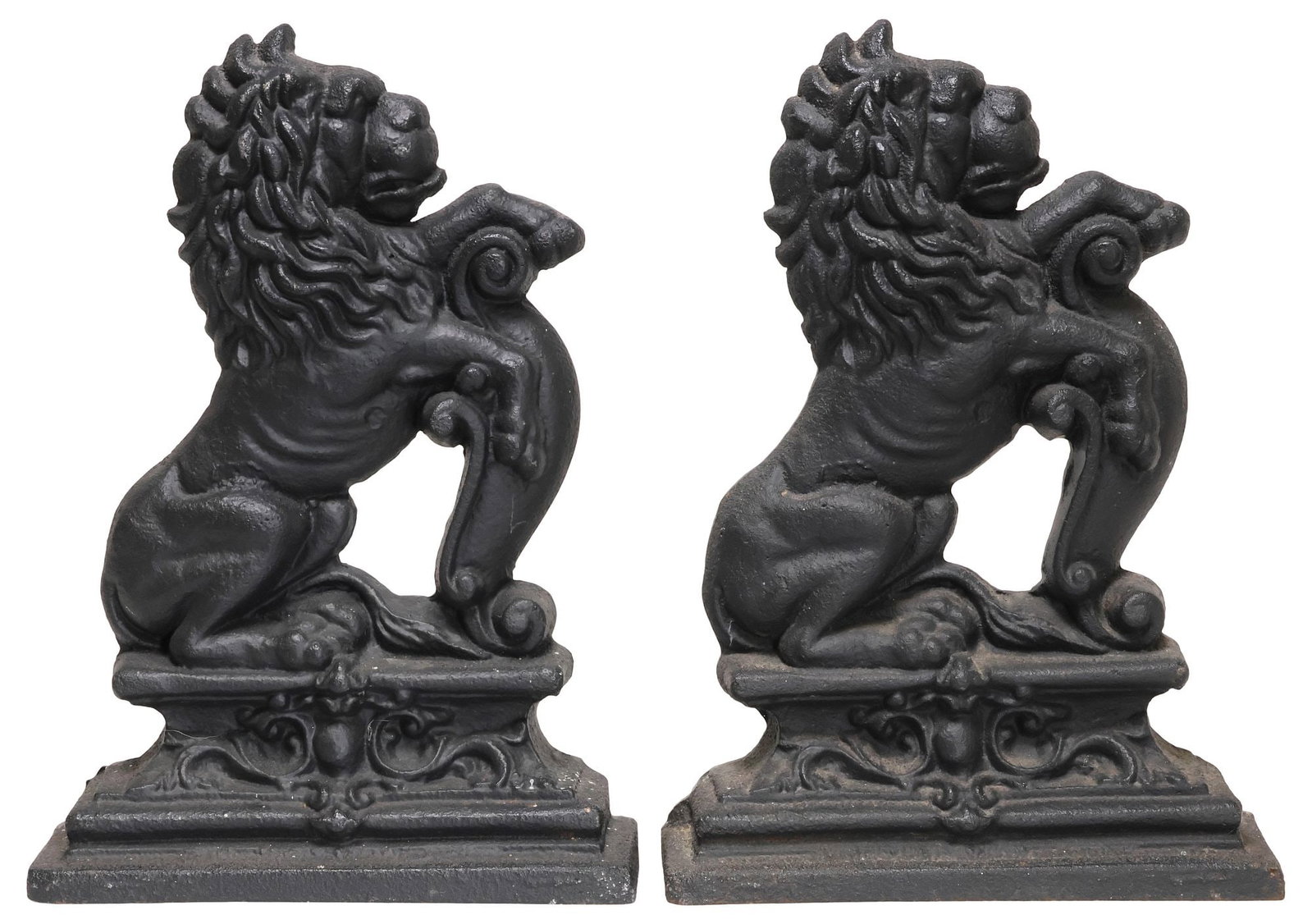 (2) ENGLISH VICTORIAN CAST IRON LION RAMPANT DOOR PORTERS/ STOPS: (pair) English Victorian cast iron door porters/ stops, late 19th c., modeled as a lion sejant-rampant, rising on a plinth base, approx 13"h, 9.5"w, 2 7/8"d, 27.5lbs total