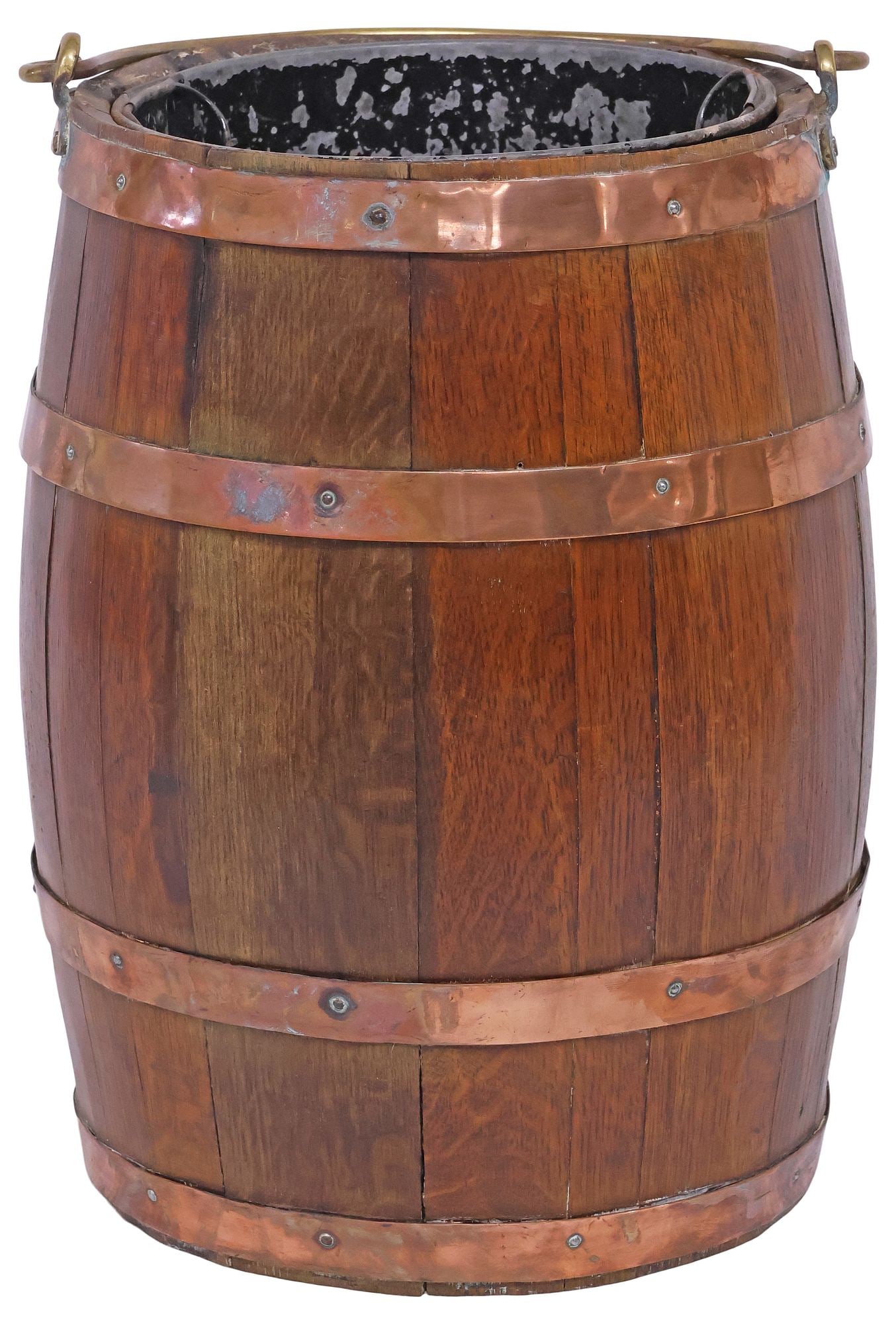 ENGLISH EDWARDIAN COOPERED OAK STAVE BARREL / COAL BUCKET: English Edwardian coopered oak coal bin/ bucket, early 20th c., having brass swing handle, and copper banding, approx 18"h, 12.75"w, 12 5/8"d, 17.25lbs