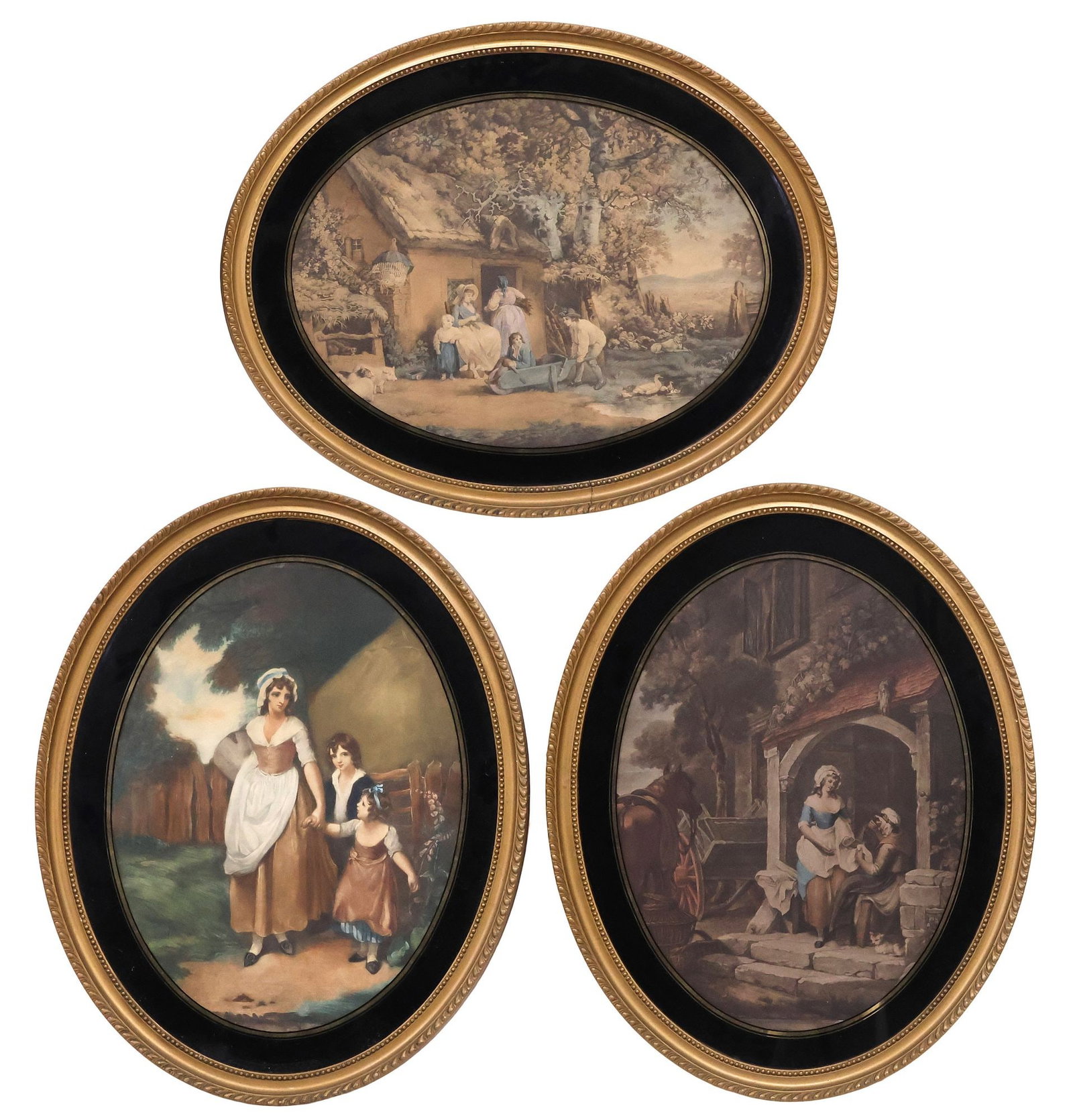 (3) ENGLISH PRINTS AFTER FRANCIS WHEATLEY (D.1801) & GEORGE MORLAND (D.1804): (lot of 3) Framed English School mezzotints in colors on paper, each housed in an ovular gilt frame, including: (2) after Francis Wheatley RA (English, 1747-1801), (one) Returned from Market, (one) Go