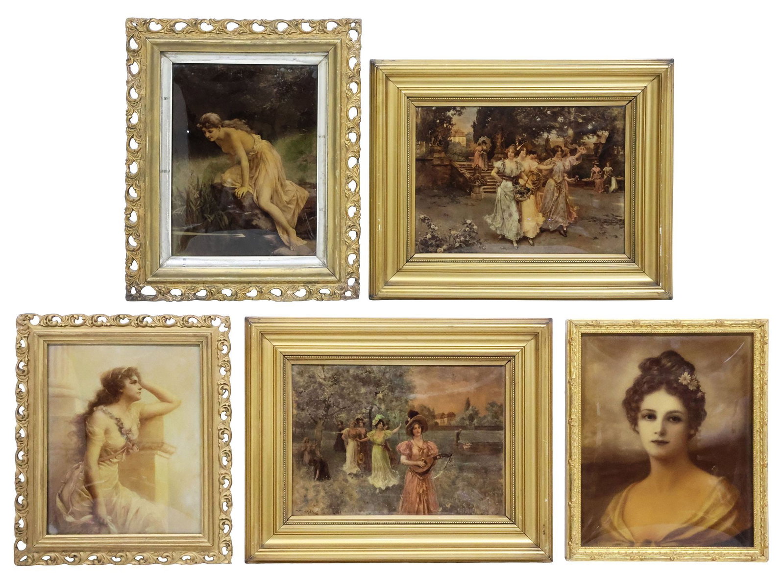 (5) FRENCH & GERMAN SCHOOL PRINTS, YOUNG LADIES & ROCOCO SCENES: (lot of 5) Framed color prints, each housed in a gilt frame, including: (2) Rococo Scenes with Young Ladies, after Wilhelm Menzler (German, 1846-1926), (1) Psyche at the River, after Friedrich Paul Th