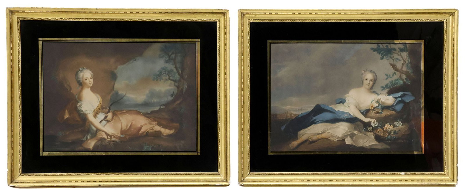 (2) AFTER JEAN-MARC NATTIER (1685-1766) ROCOCO STYLE CHROMOLITHOGRAPH PRINTS: (lot of 2) Framed chromolithograph prints on paper, after Jean-Marc Nattier (French, 1685-1766), apparently unsigned, including: (1) "Madame Henriette of France as Flora;" (1) "Marie Adelaide of Franc
