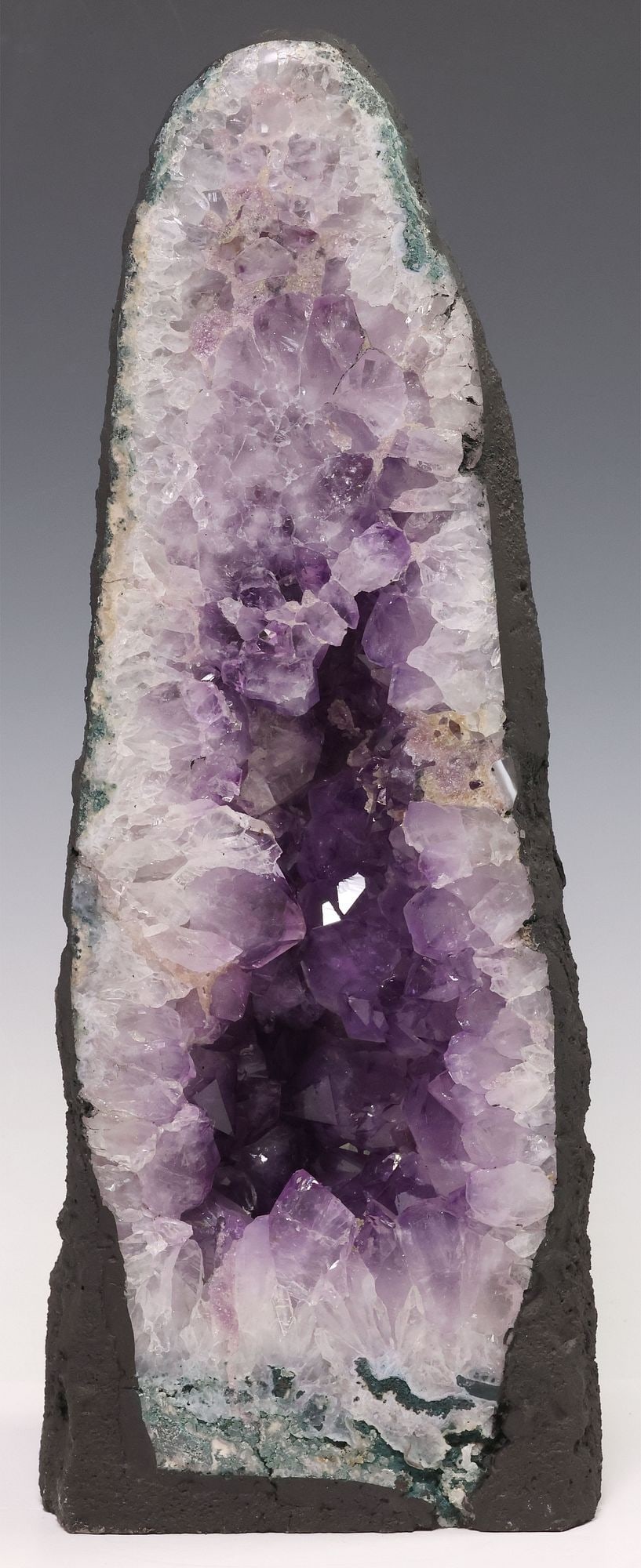 LARGE GEOLOGICAL AMETHYST CATHEDRAL GEODE, 17.75"H: Large amethyst cathedral geode specimen, approx 17.75"h, 6.5"w, 5.5"d, 26.2lbs