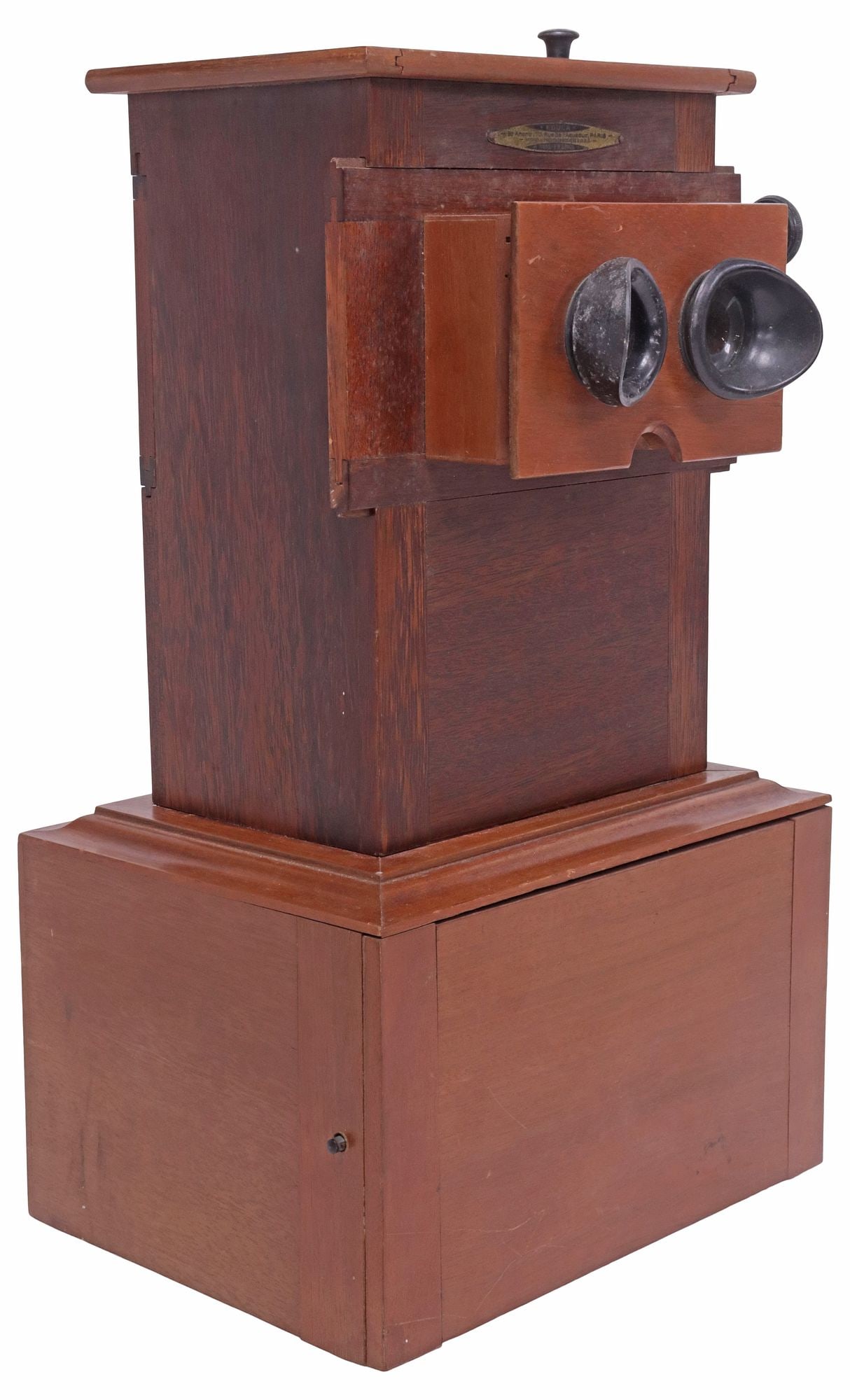 FRENCH EDUCA MAHOGANY TABLETOP STEREOSCOPE VIEWER: French mahogany tabletop stereoscope viewer, Educa, early 20th c., viewing lenses on a laterally sliding panel, vertical lever, base stores with 42 slots, maker's label reading "Educa, 70 Rue de l'Aqu