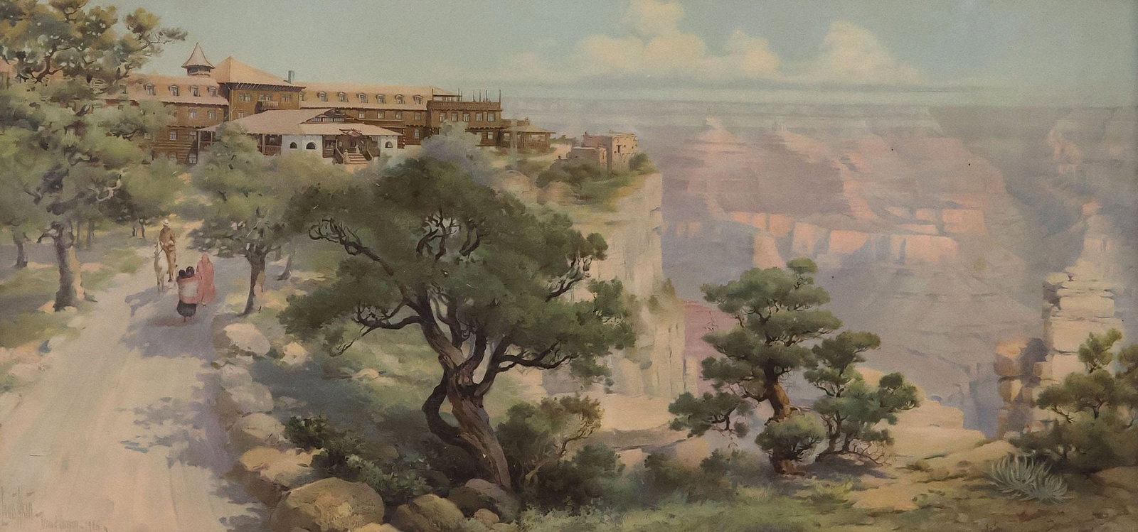 LOUIS AKIN (1868-1913) CHROMOLITHOGRAPH, HOTEL EL TOCAR, GRAND CANYON: Large framed chromolithograph on paper, Hotel El Tovar, Grand Canyon, signed in print lower left Louis Akin (Oregon, Arizona, 1868-1913), titled and dated in print 1906, overall toning and scattered s