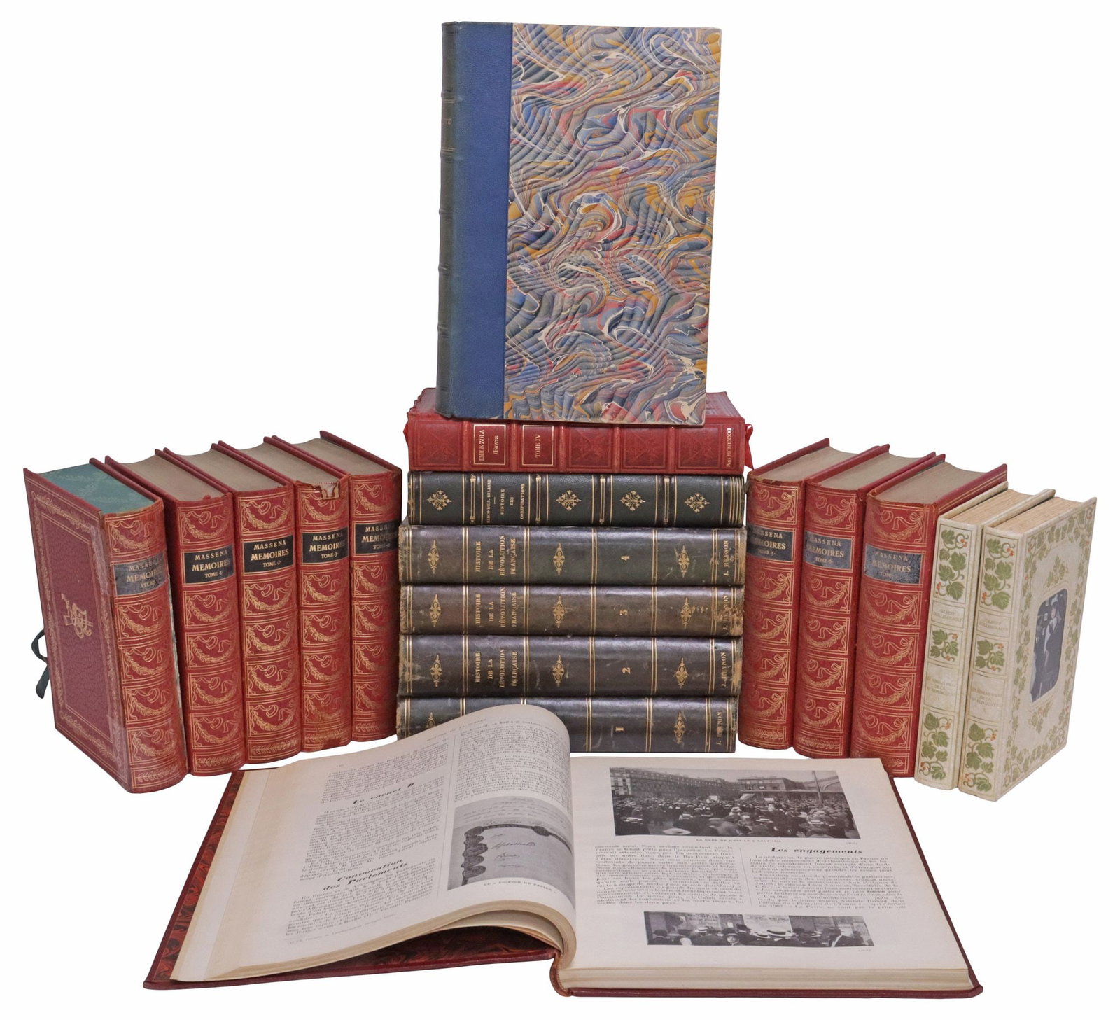 (18) FRENCH LEATHER-BOUND LIBRARY SHELF BOOKS, HISTORY SUBJECTS: (lot of 18) French library shelf books, various history subjects and novels, each with gilt-embossed leather binding, many with marbleized covers, highlights include: (8) "Memoires d'Andre Massena (Me