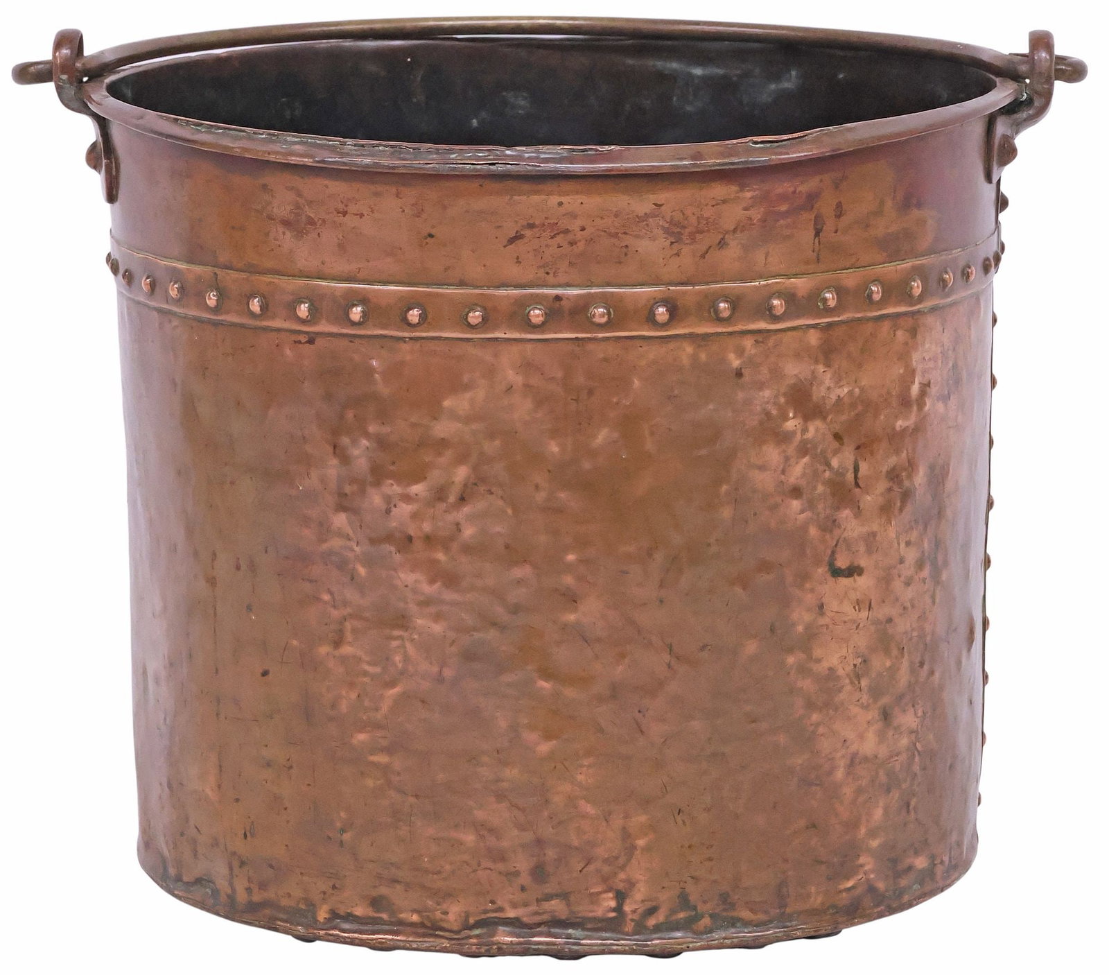 LARGE ENGLISH RIVETED & HANDLED COPPER BUCKET: English copper bucket, late 19th c., swing handle, over studded and banded body, approx 12 7/8"h, 16 3/8"w, 13 7/8"d, 8.25lbs