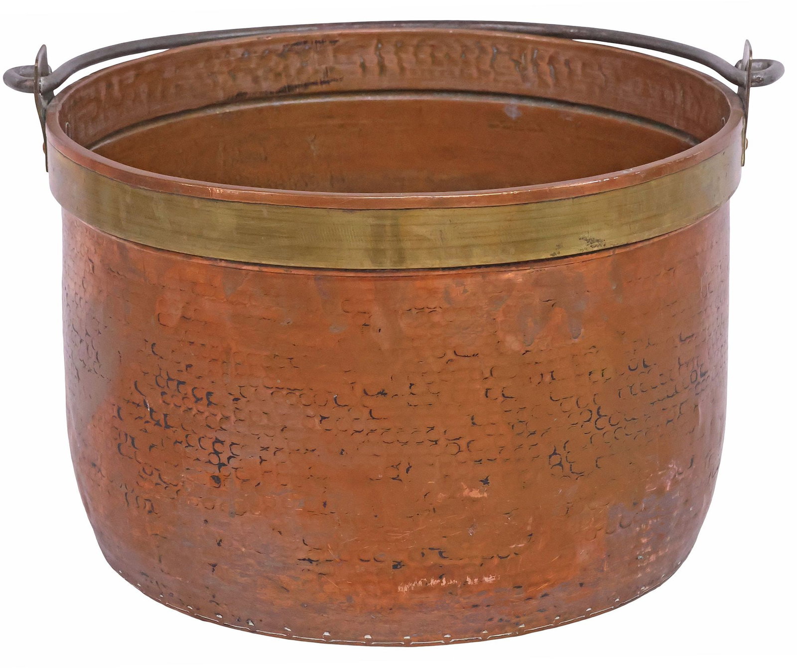 LARGE FRENCH BRASS-BOUND & STIPPLED COPPER POT / CAULDRON: Large French copper pot/ cauldron, early 20th c., having iron swing handle, over brass-bound rim, the exterior with stippled texturing, quality mark at either side, numbered 42, approx 12 5/8"h, 19.5"