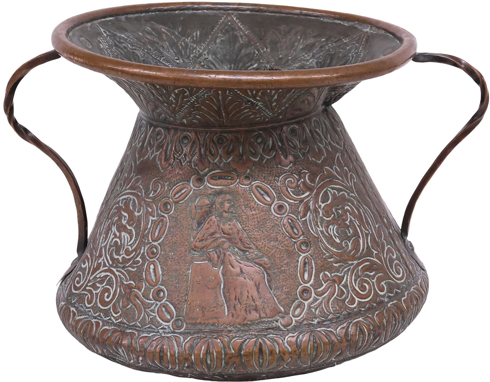 COPPER REPOUSSE FOLIATE & FIGURAL HANDLED JARDINIERE / PLANTER: Copper jardiniere/ planter, early 20th c., with repousse scrolling foliates, figures, and ecclesiastical heraldic crest motifs, flanked by twisted handles, a mask to the base, approx 13.5"h, 20"w, 15.