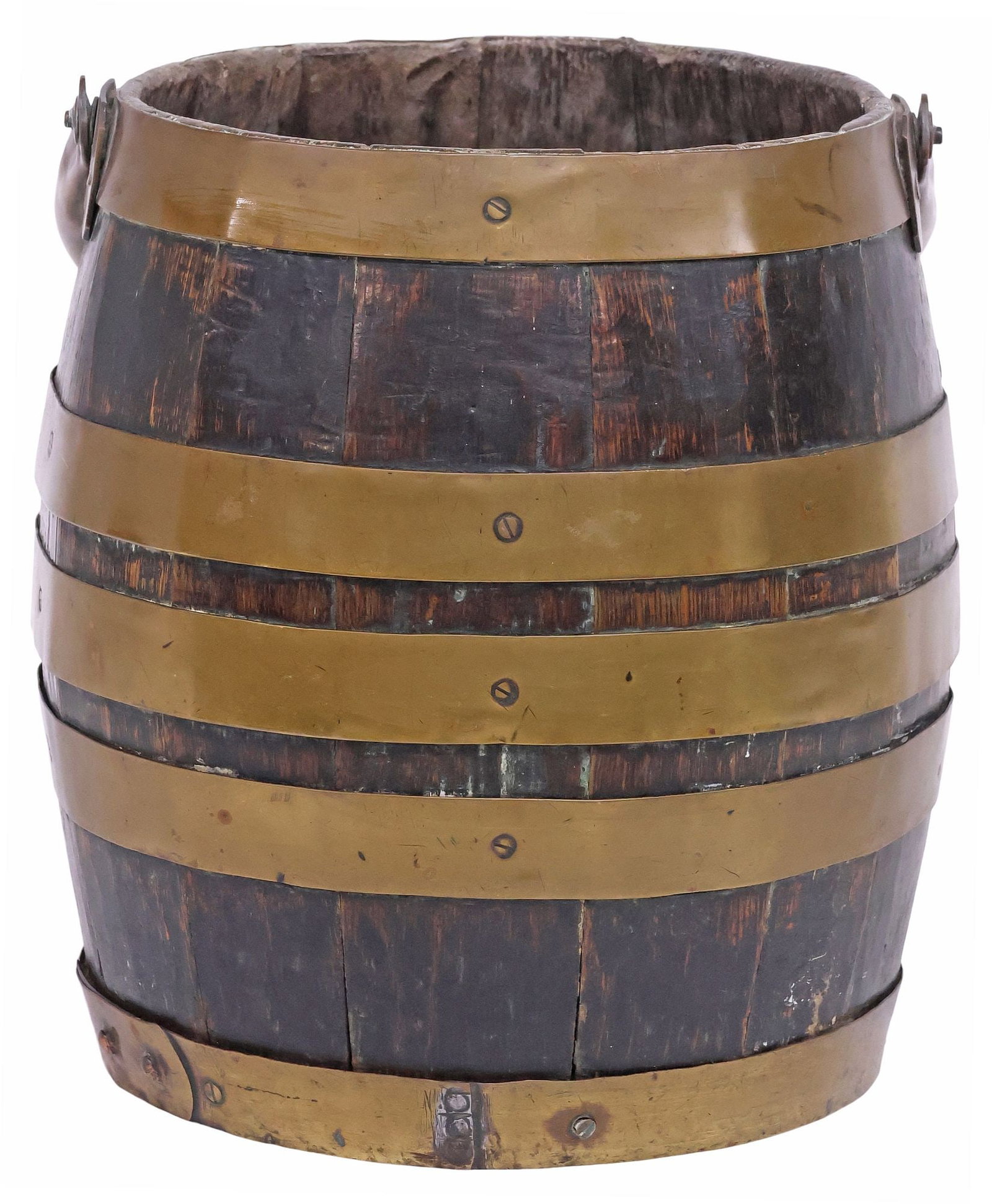 ENGLISH VICTORIAN BRASS-BOUND COOPERED OAK STAVE BUCKET: English Victorian oak coopered bucket, late 19th c., brass swing handle, over stave-bound body, approx 12"h, 11"w, 12"diam, 7lbs