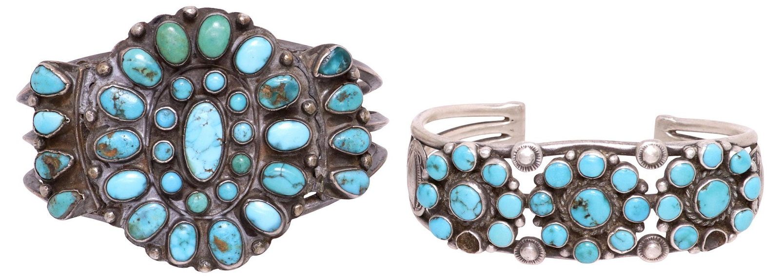 (2) NATIVE AMERICAN SILVER & TURQUOISE CUFF BRACELETS, 1 INITIALED R: (lot of 2) Native American silver (content unknown) cuff bracelets, each with split shank, including: (1) central scalloped medallion set with twenty-five turquoise cabochons, flanked by eight teardro