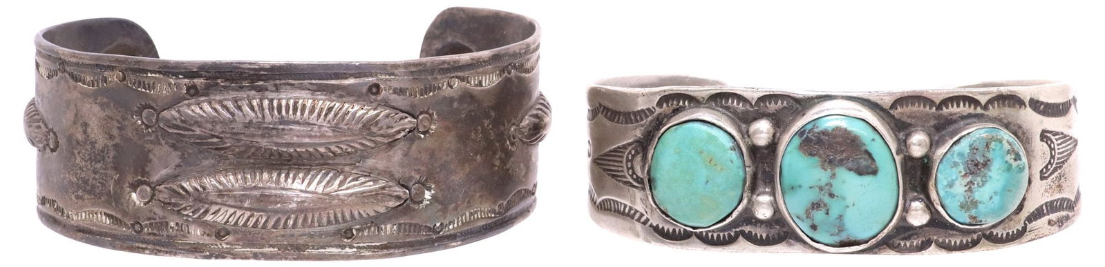 (2) NATIVE AMERICAN SILVER CUFF BRACELETS, 1 WITH TURQUOISE CABOCHONS: (lot of 2) Native American silver (content unknown) cuff bracelets, each with stampwork motifs, unmarked, including: (1) with (three) central turquoise cabochons, stamped arrow and other motifs, appro
