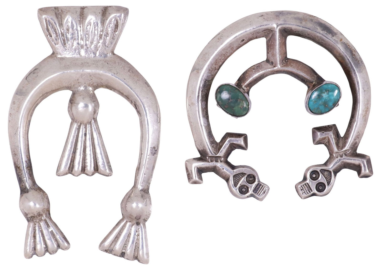 (2) SOUTHWEST SILVER & TURQUOISE FIGURAL & OTHER NAJA PENDANTS: (2) Southwest silver (content unknown) Naja pendants, including; (1) Yei- naja, having two bezel-set turquoise cabochon accent, two stampwork Yei figure terminals, approx 2 1/8"l, 2 1/8"w; (1) having 