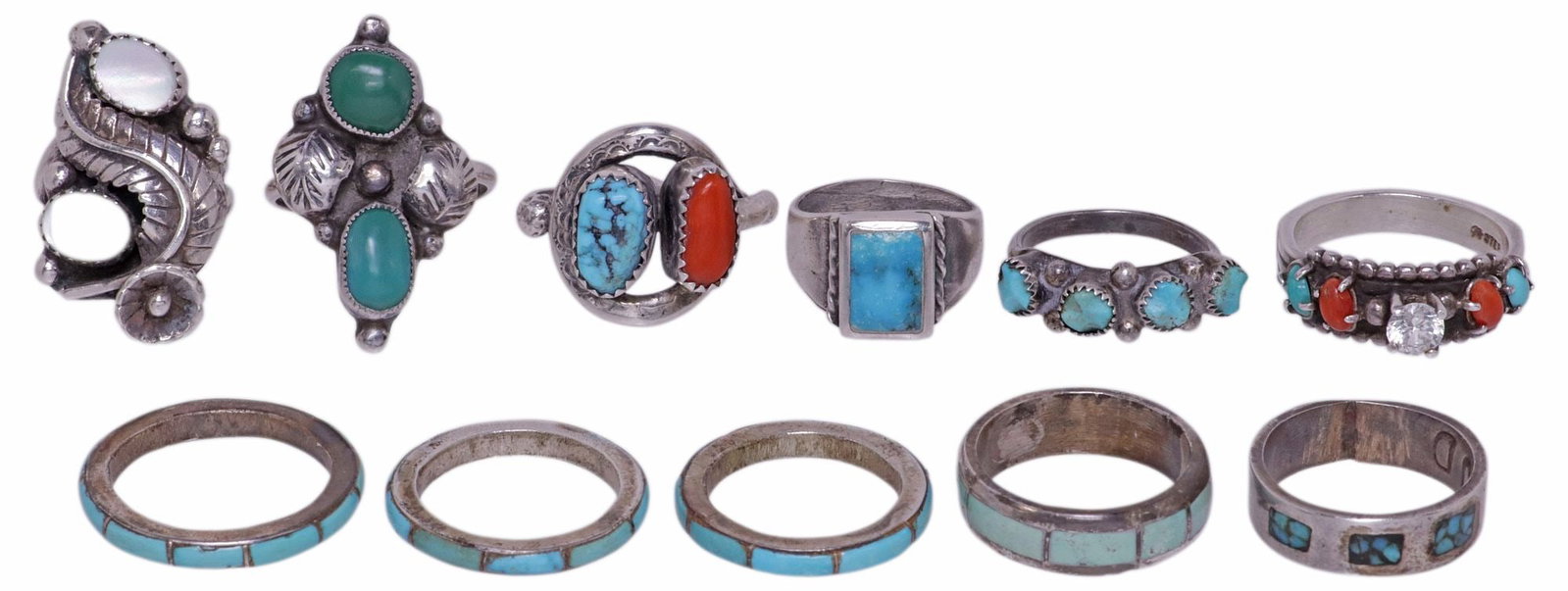 (11) NATIVE AMERICAN & SOUTHWEST SILVER, TURQUOISE & CORAL RINGS: (lot of 11) Native American and Southwest-style silver (content unknown) and gemstone rings, including: (1) with a central faux diamond, flanked by red coral and turquoise cabochons, marked sterling, 