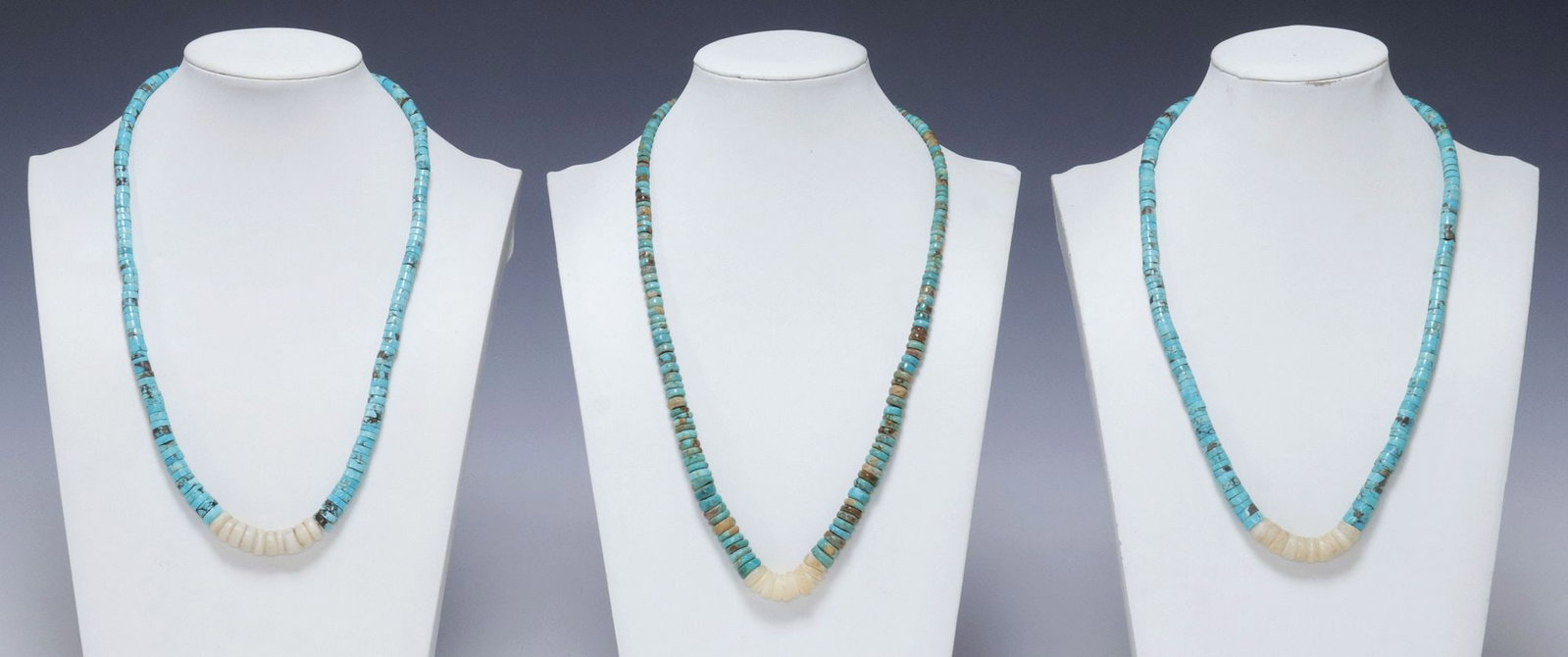 (3) NATIVE AMERICAN TURQUOISE DISC & SHELL BEADED NECKLACES: (lot of 3) Native American beaded necklaces, each having graduated turquoise and shell heishi beads, with red coral accent beads, silver (content unknown) closures, one clasp lacking a jump ring, each