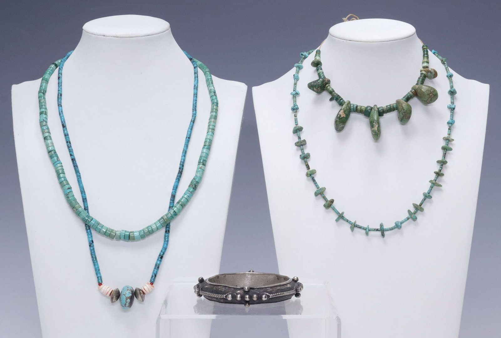 (5) NATIVE AMERICAN TURQUOISE BEADED JEWELRY & SILVER BRACELET: (lot of 5) Native American jewelry, including: (3) turquoise beaded necklaces, (one) disc beads, centering two silver (content unknown) bench beads, heishi beads, and turquoise pendant, spring ring cl