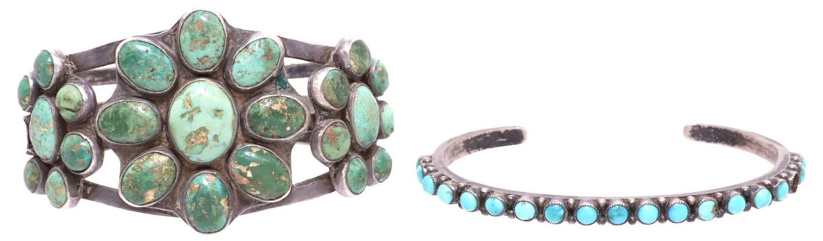 (2) NATIVE AMERICAN SILVER & TURQUOISE CUFF BRACELETS: (lot of 2) Native American silver (contents unknown) cuff bracelets, each unmarked, and lacking (one) stone, including: (1) with three radiating clusters of bezel-set turquoise cabochons, on split sha