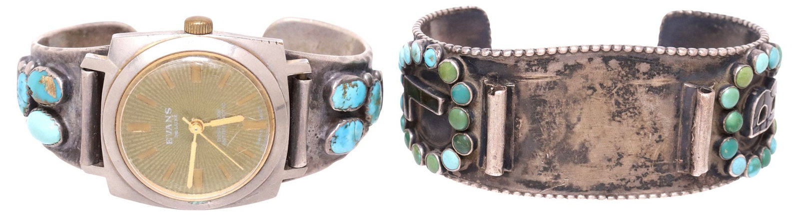 (2) NATIVE AMERICAN SILVER & TURQUOISE CABOCHON WATCH CUFFS, 1 SIGNED (1 of 7)