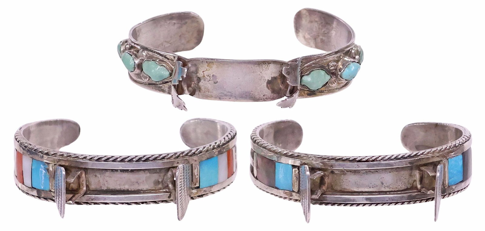 (3) SOUTHWEST STYLE SILVER, TURQUOISE & SHELL WATCH CUFFS: (lot of 3) Southwest silver (content unknown) watch cuffs, unsigned, including: (1) with bezel-set turquoise cabochons, among stamp work surround, approx 5/8"w, interior: approx 5 5/8"l, gap: approx 1