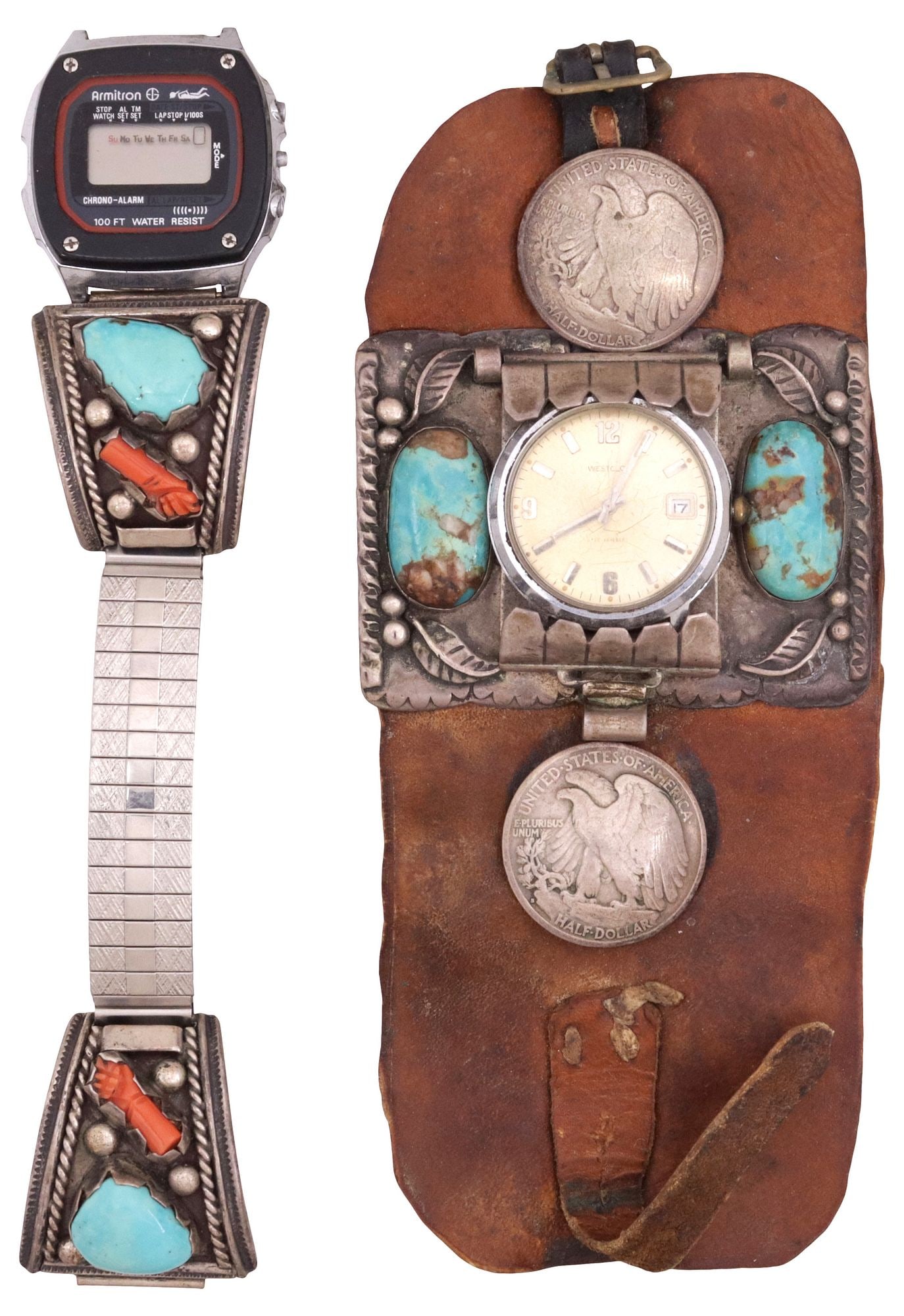 (2) NATIVE AMERICAN SILVER & GEMSTONE WATCH TIPS & PLAQUE ON LEATHER BAND: (lot of 2) Native American silver and gemstone watch accessories, including: (1) silver (content unknown) plaque with two bezel-set turquoise cabochons and raised feather motifs, flanked by two button