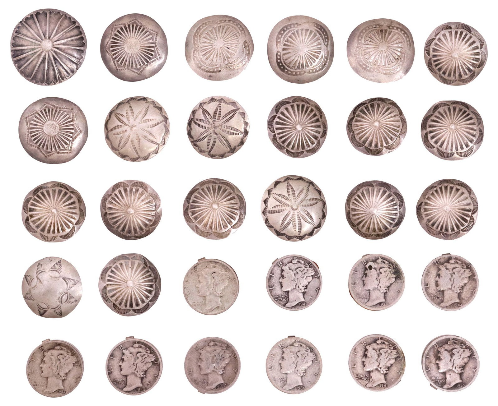 (30) NATIVE AMERICAN SILVER STAMPWORK BUTTONS & MERCURY DIME COVERS: (lot of 30) Native American silver buttons and accessories, comprising: (20) silver (content unknown) shank buttons, with various floral and geometric stampwork motifs, six unique designs, largest: ap
